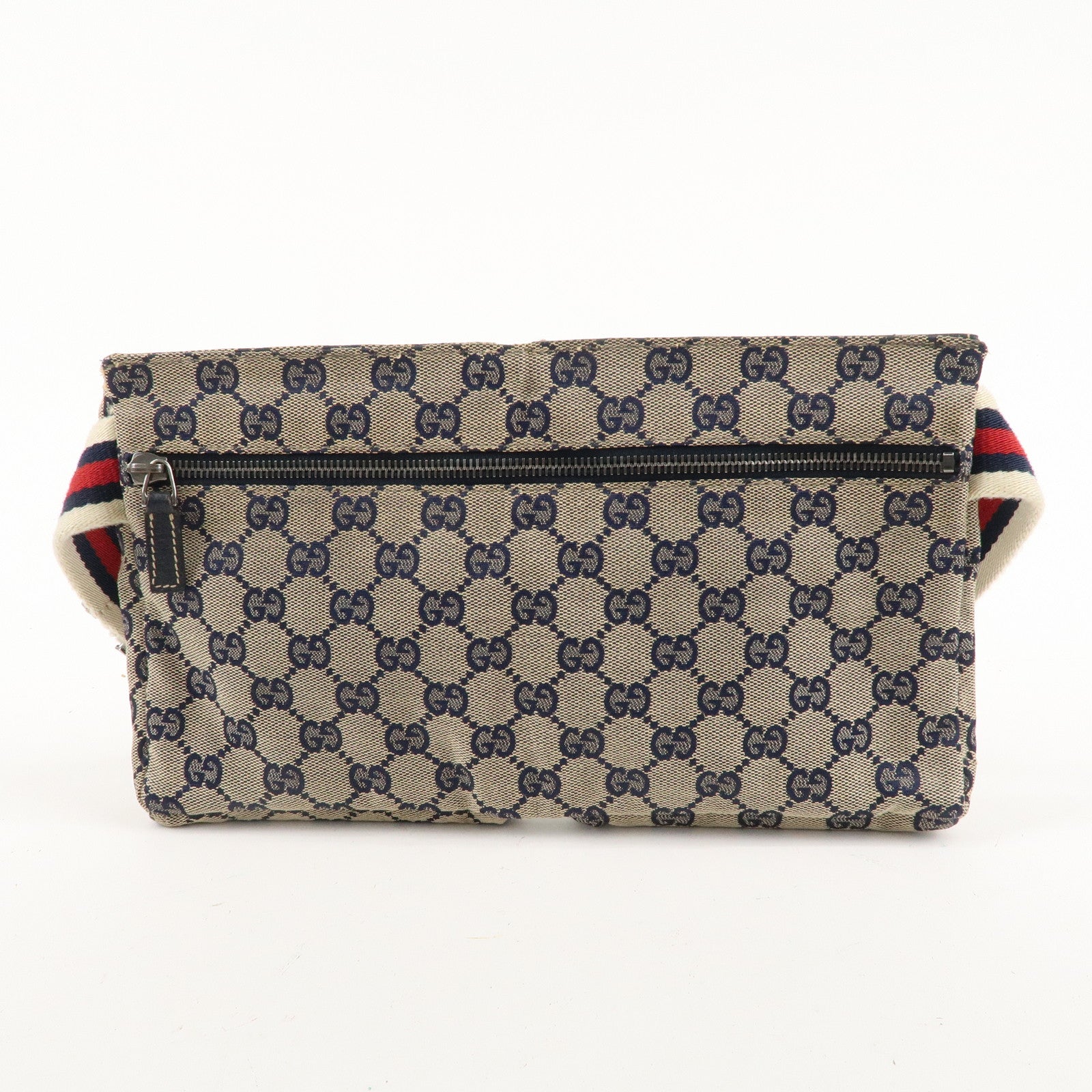 GUCCI Sherry GG Canvas Leather Waist Bag Beige Navy 28566