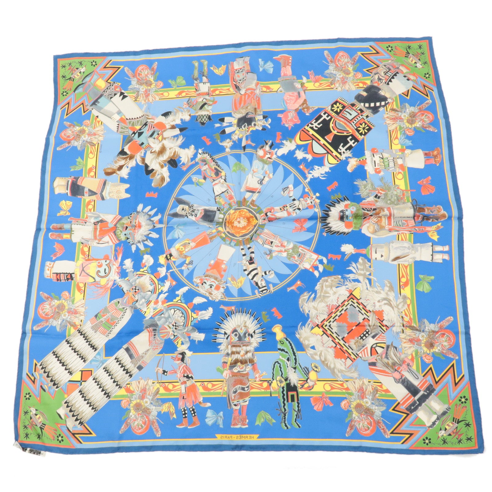 HERMES Carre 90 Silk 100% Scarf Kachinas Kachinas Print Blue