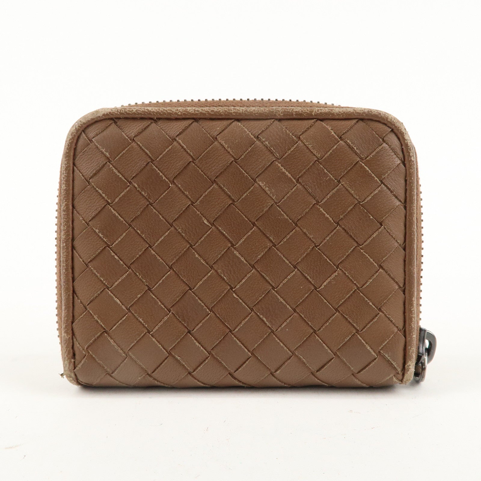 BOTTEGA VENETA Intrecciato Leather Round Zipper Coin Case Brown