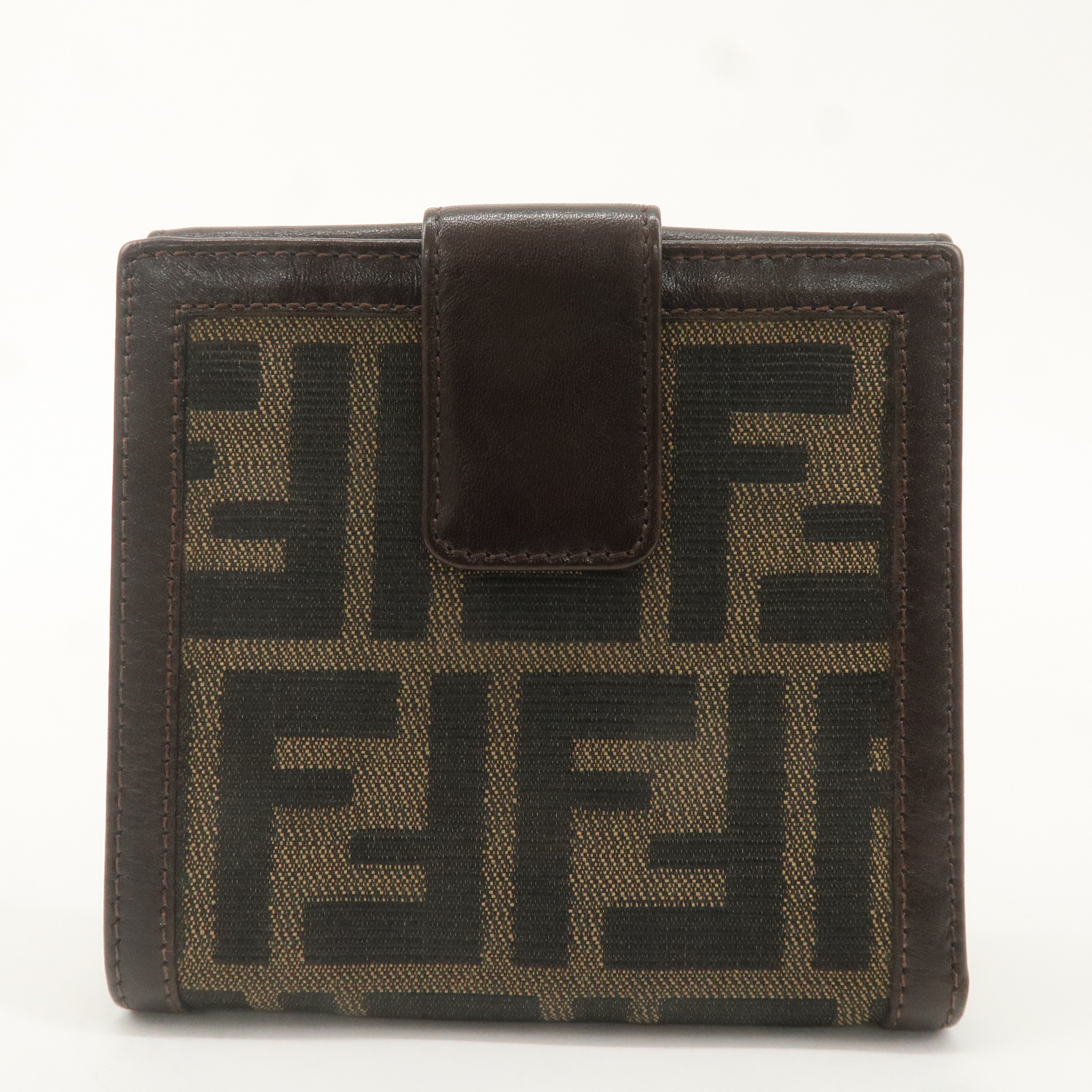 FENDI Zucca Canvas Leather W Hook Bi-fold Wallet Brown Black 1695