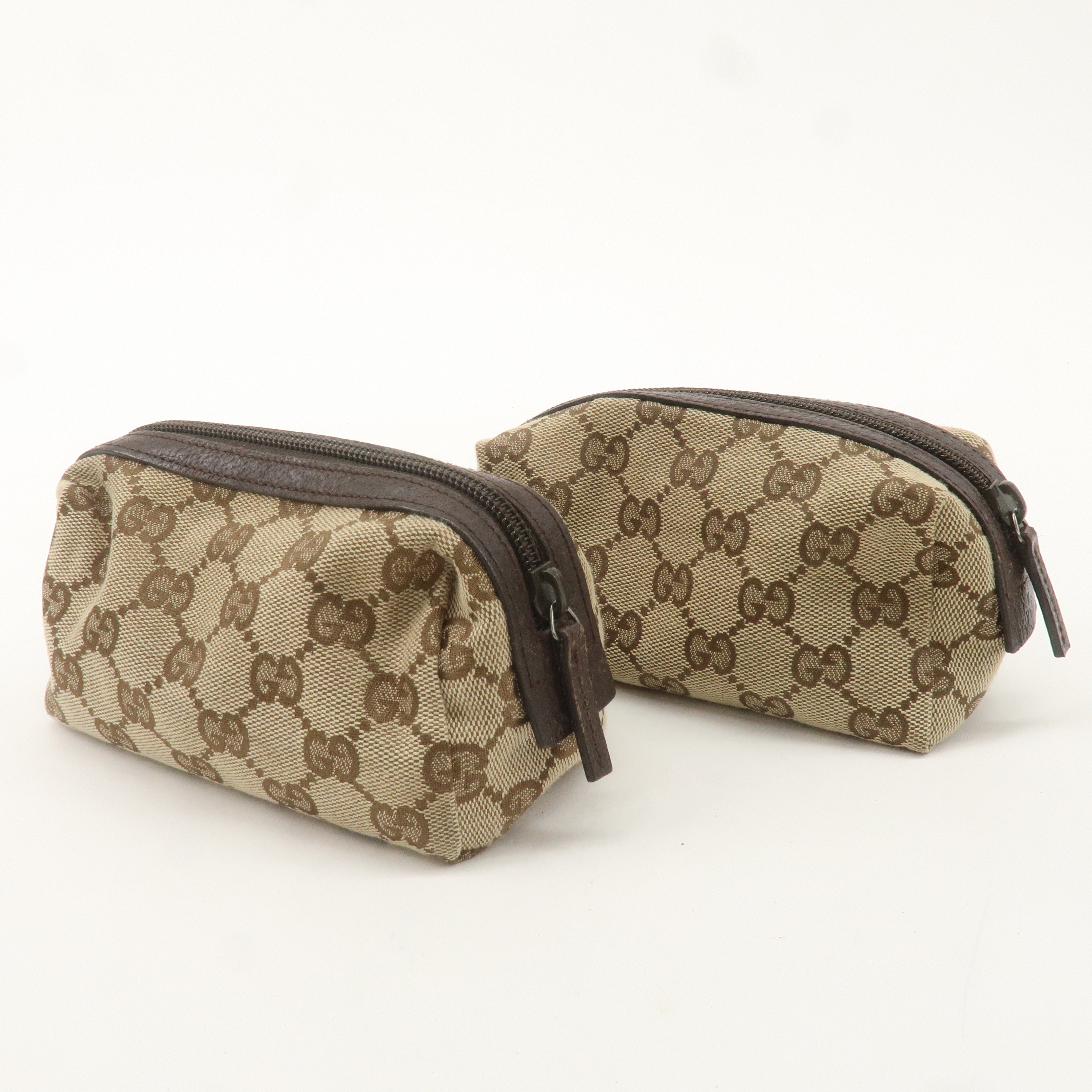 GUCCI Set of 2 GG Canvas Leather Cosmetic Pouch Beige Brown 29596