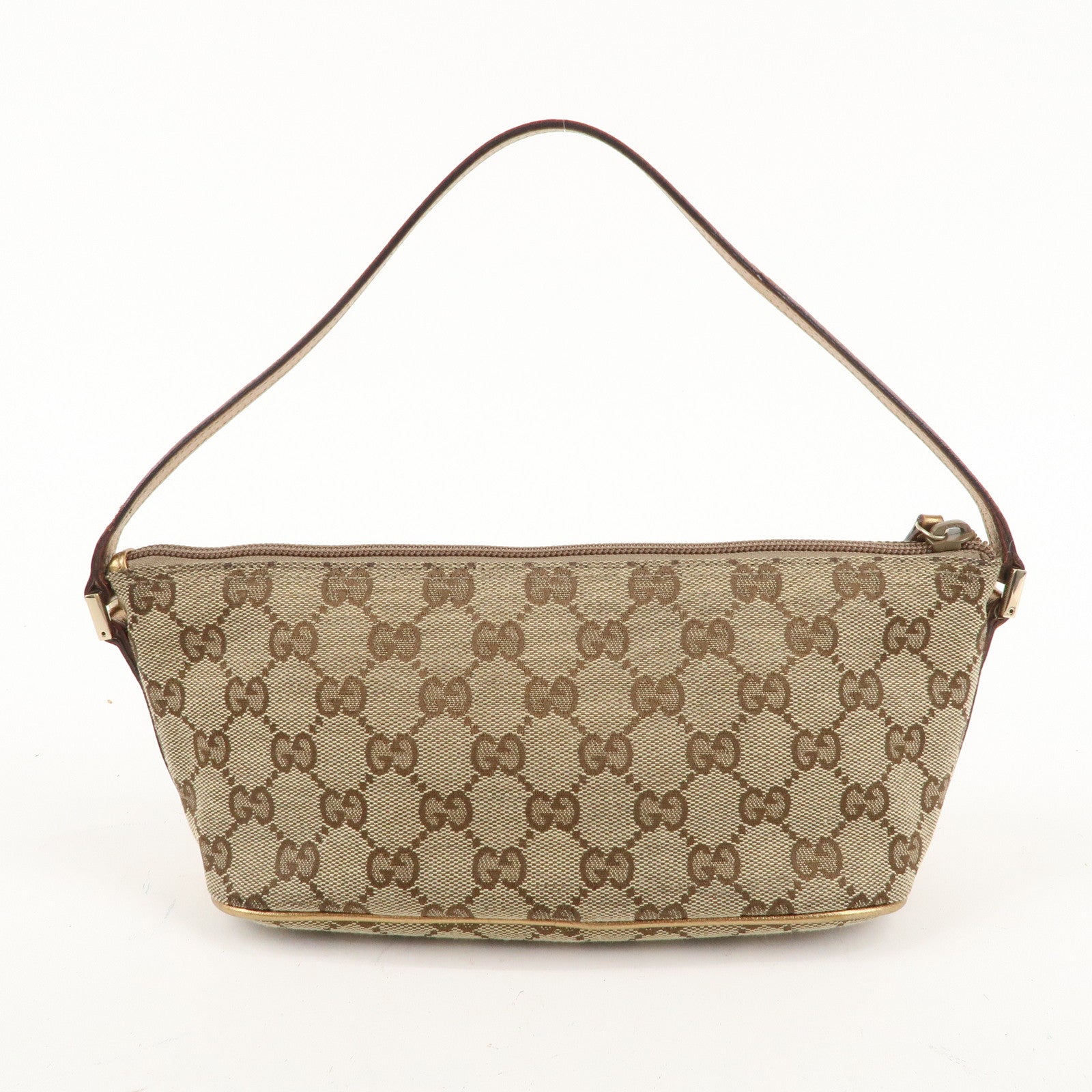 GUCCI Boat Bag GG Canvas Leather Hand Bag Pouch Beige Gold 7198