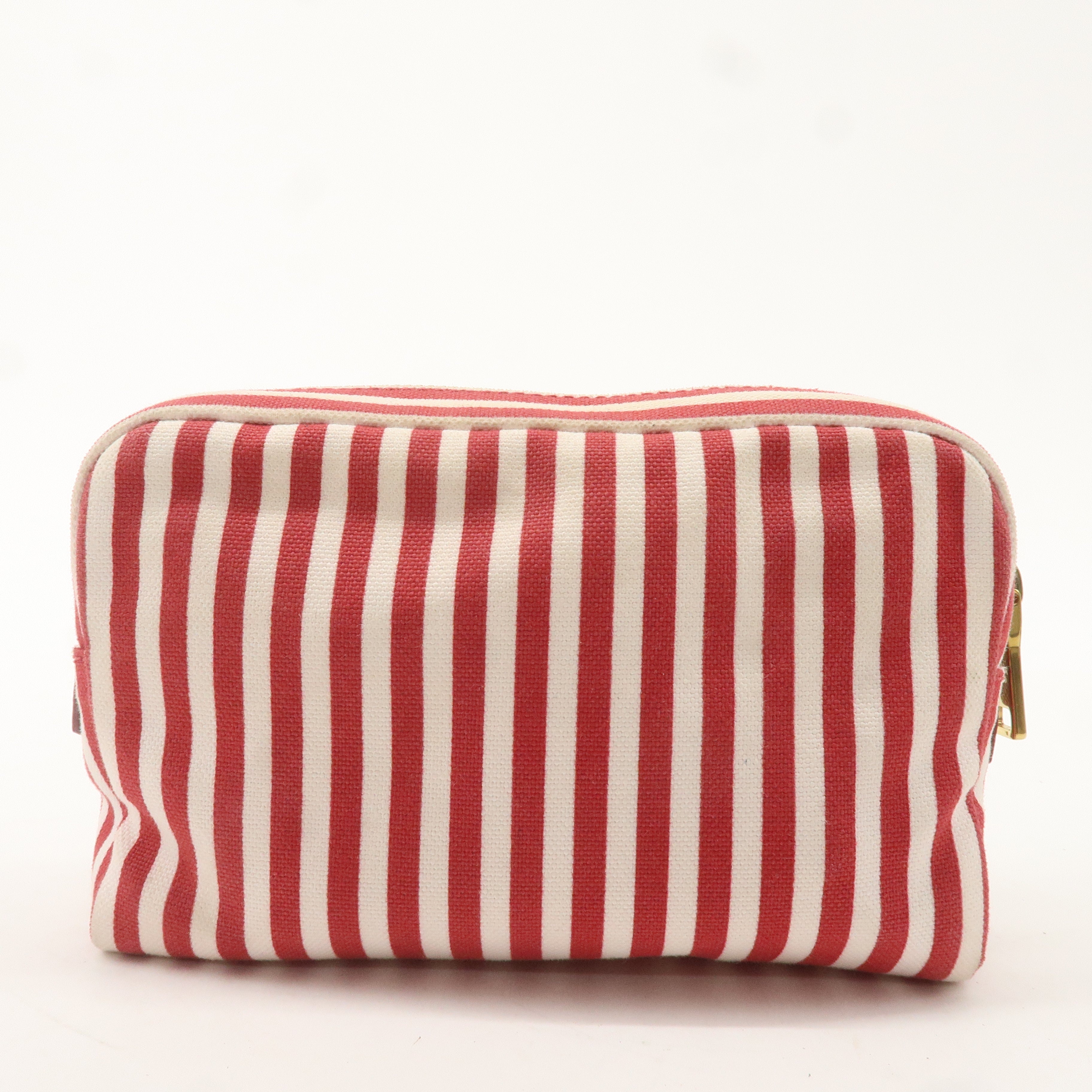 PRADA Logo Canvas Leather Pouch Cosmetic Pouch Stripe Red White