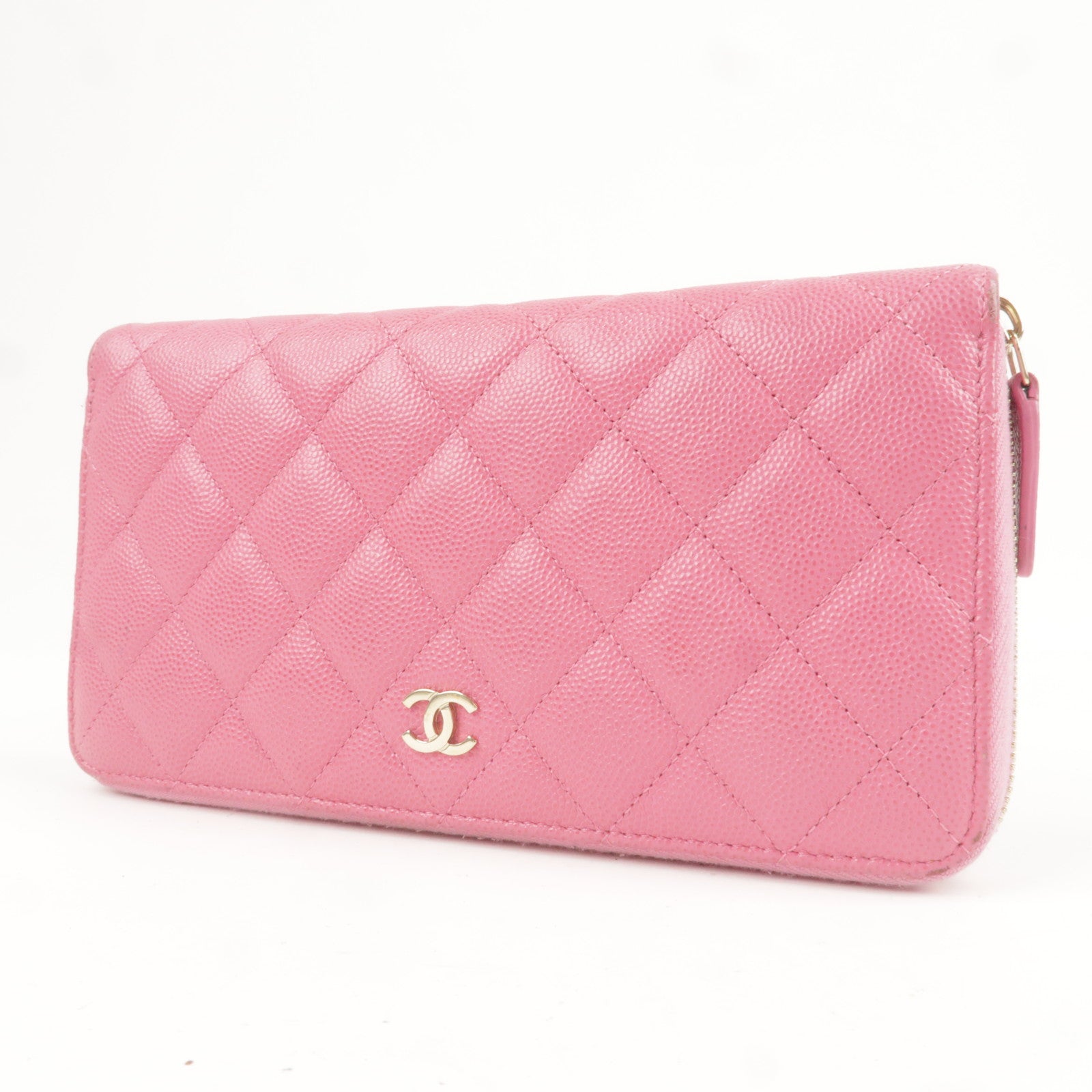 CHANEL Matelasse Caviar Skin Round Zippy Long Wallet Pink AP0242