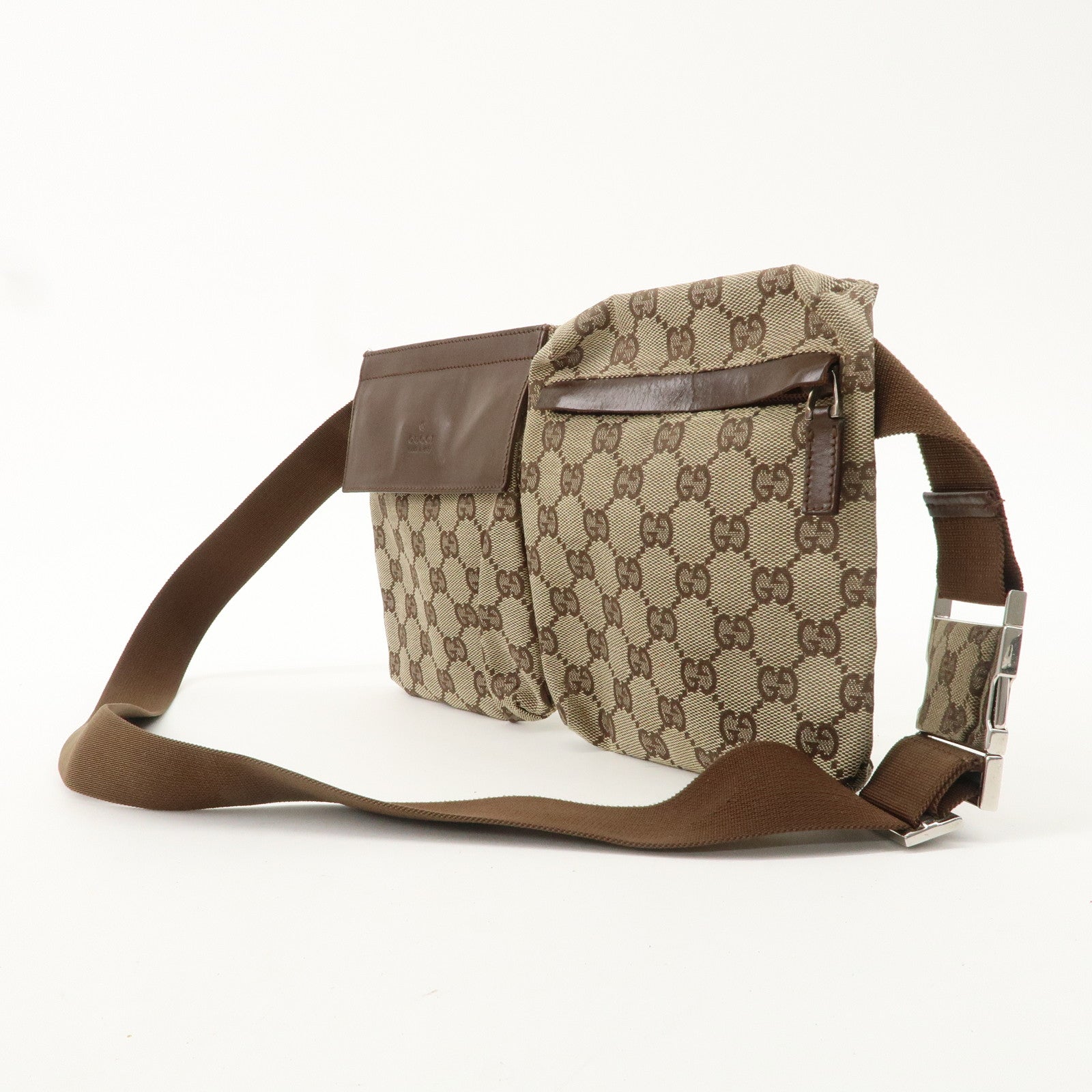 GUCCI GG Canvas Leather Waist Bag Waist Pouch Beige Brown 28566