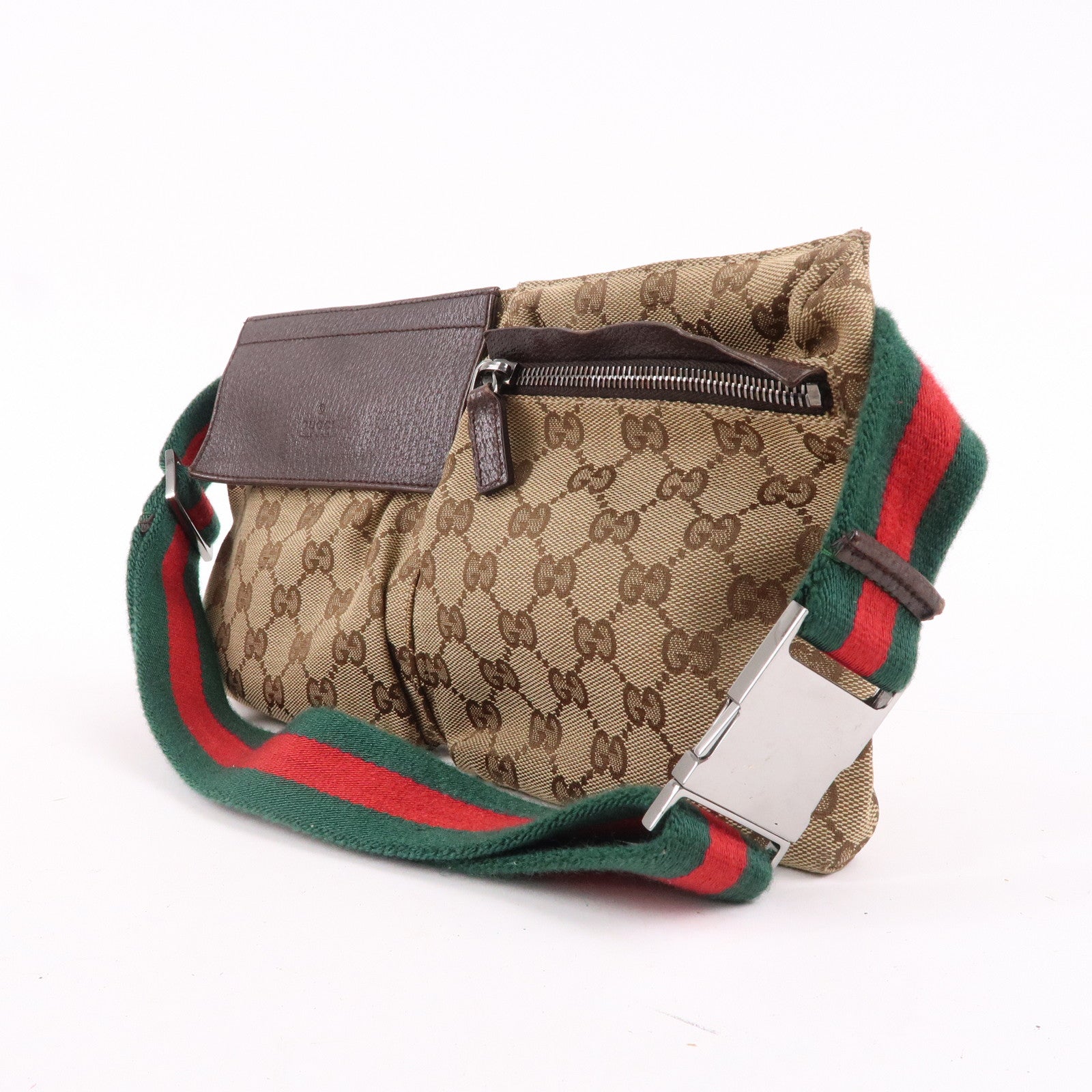 GUCCI Sherry GG Canvas Leather Waist Bag Beige Brown 28566