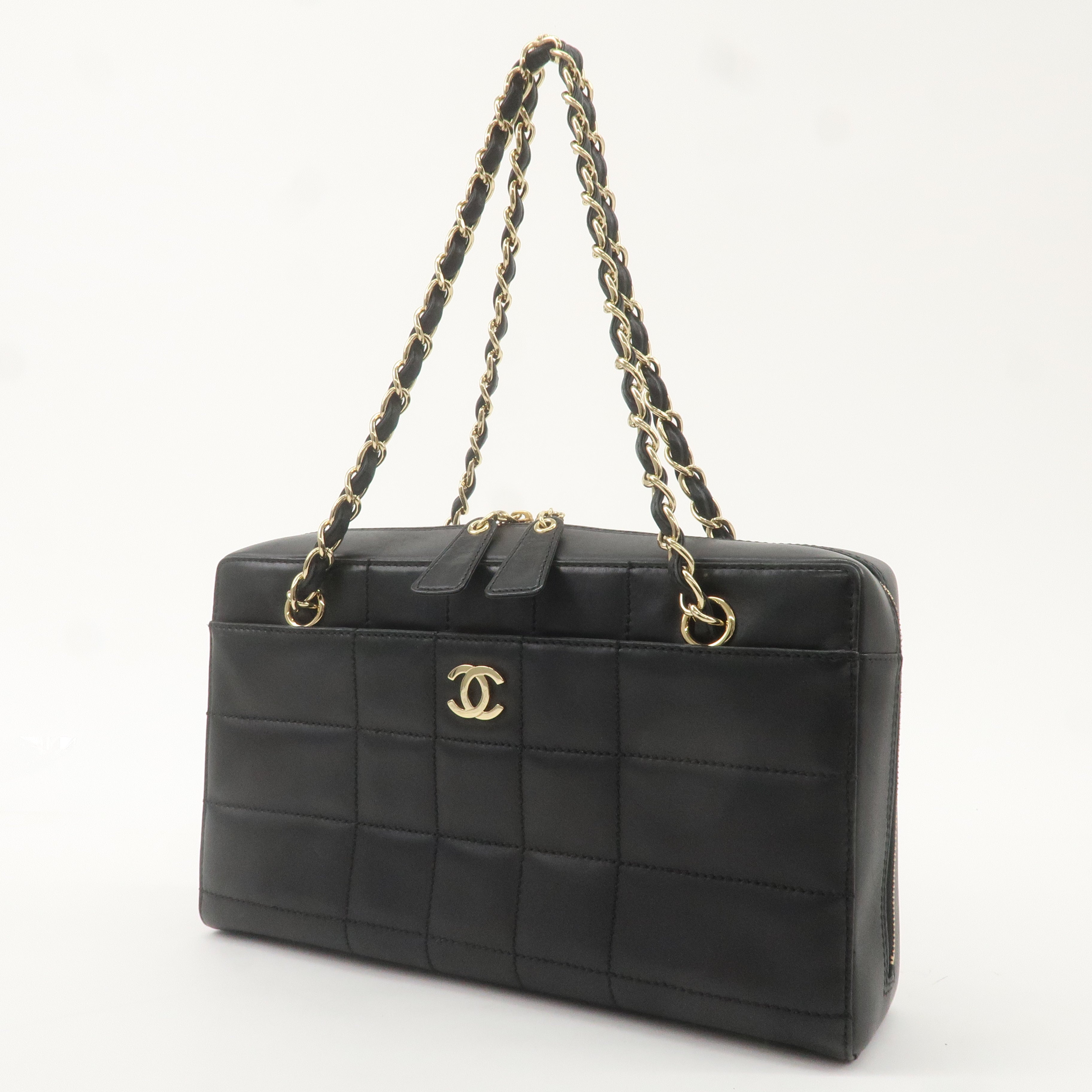 CHANEL Chocolate Bar Lamb Skin Chain Shoulder Bag Black