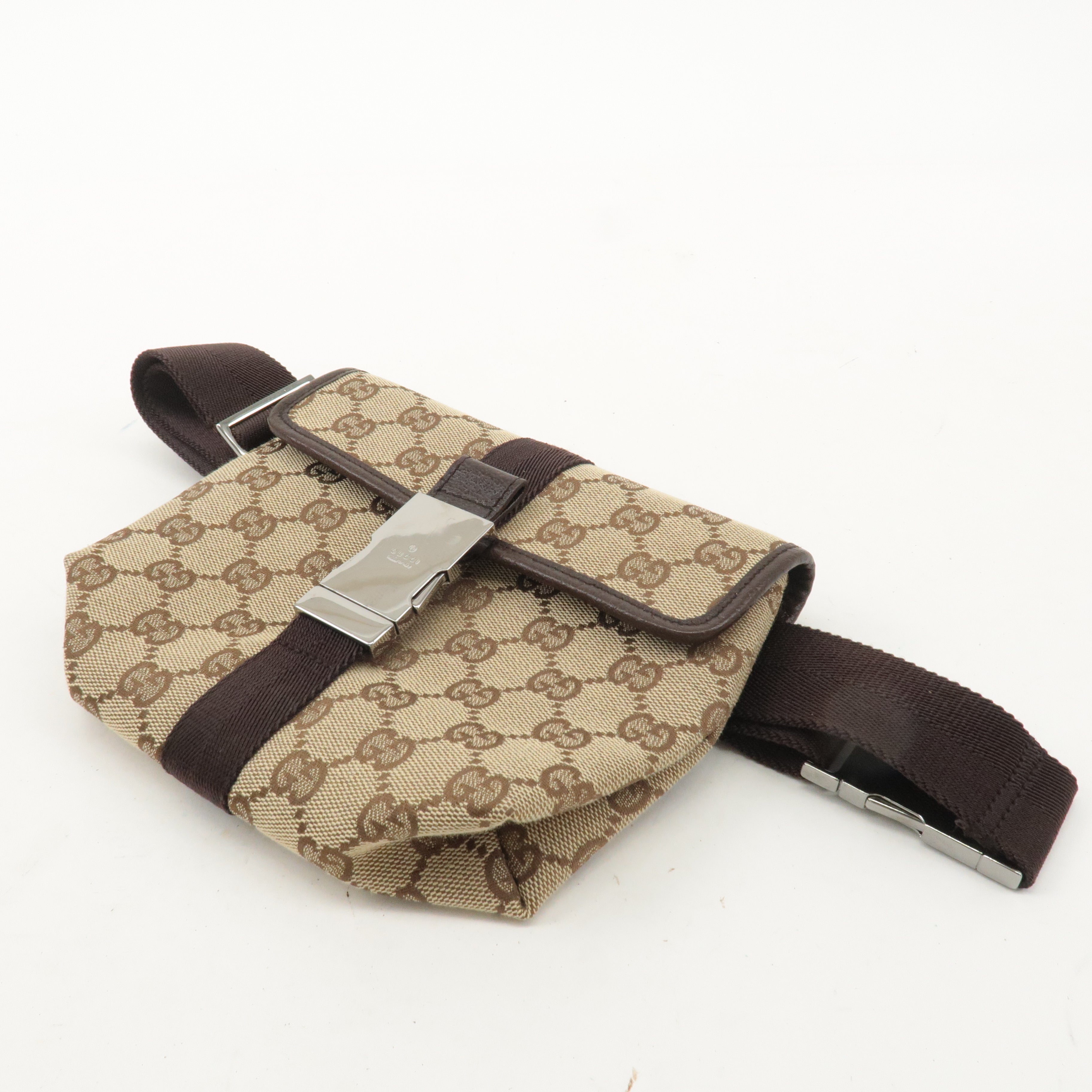 GUCCI GG Canvas Leather Waist Bag Body Bag Beige Brown 121336