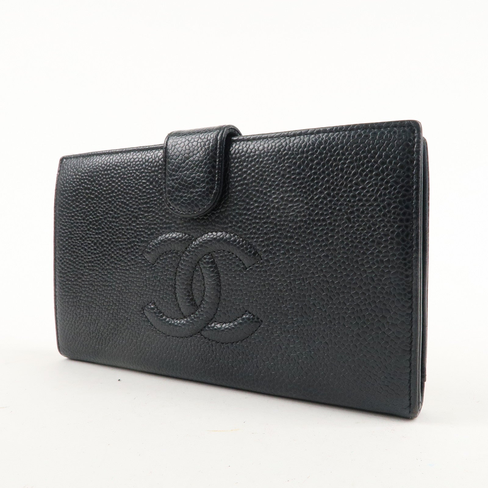 CHANEL Caviar Skin Coco Mark Bi-Fold Long Wallet Black A13498