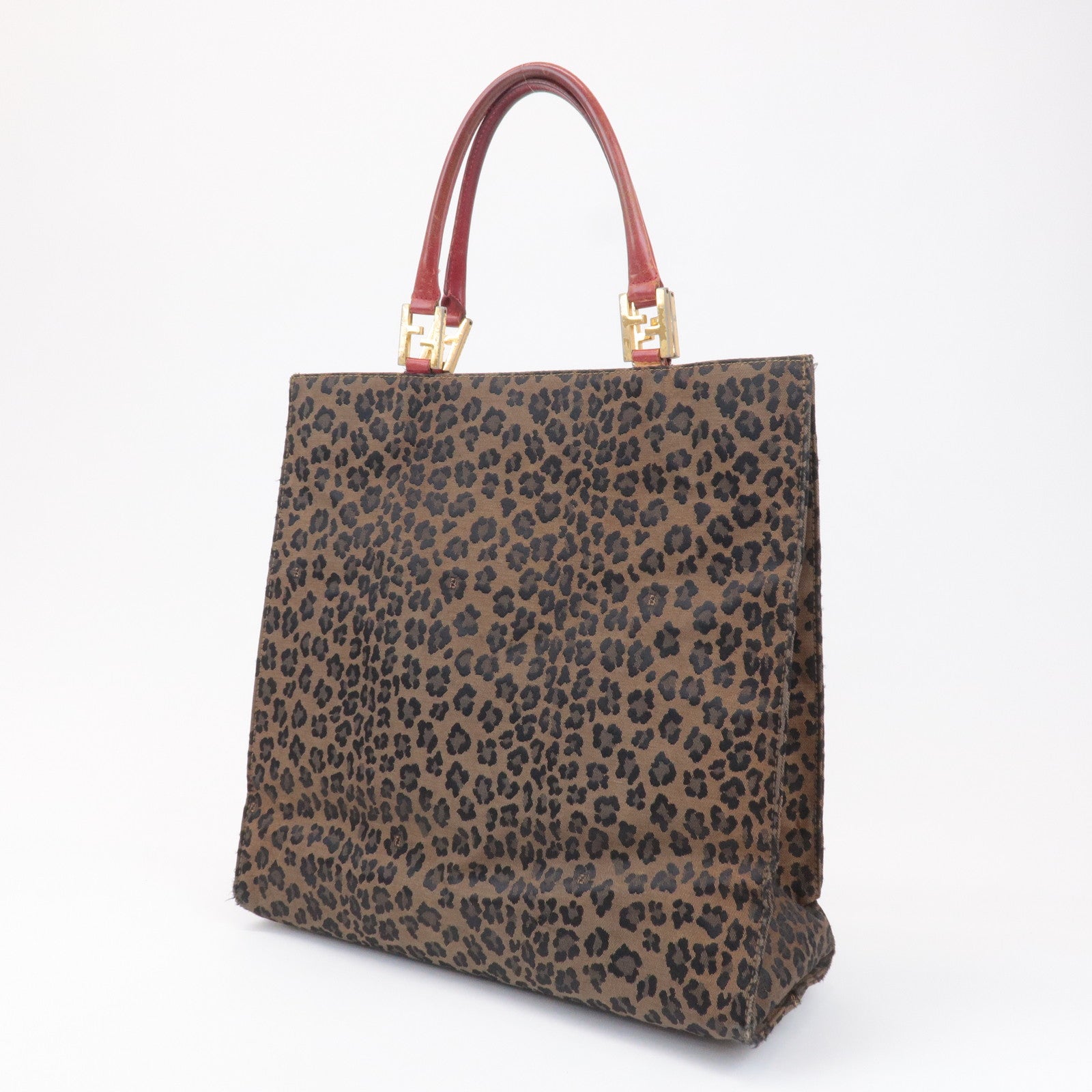 FENDI Canvas Leather Leopard Tote Bag Hand Bag Brown Red