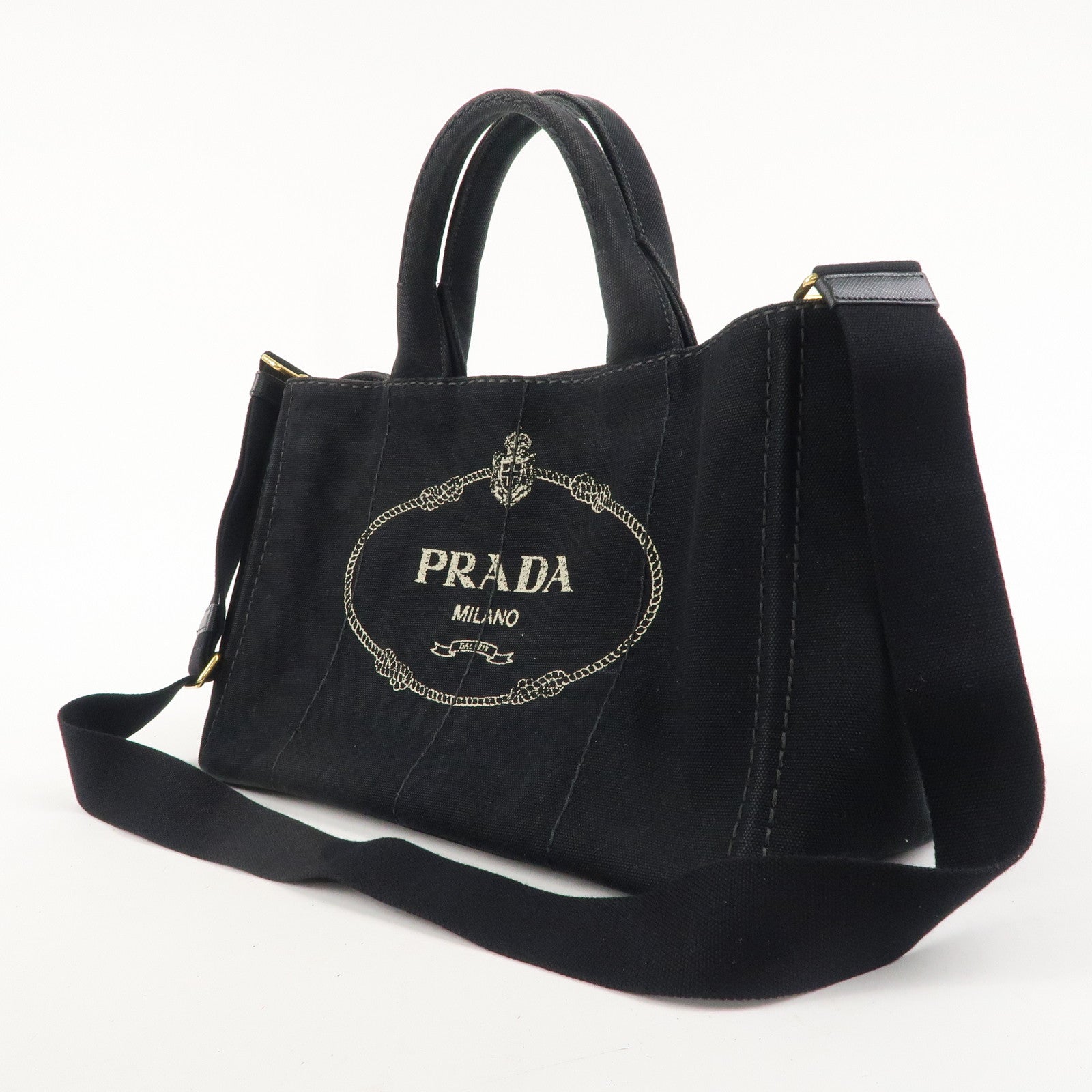 PRADA Logo Canapa Canvas 2way Hand Bag Black 1BG642