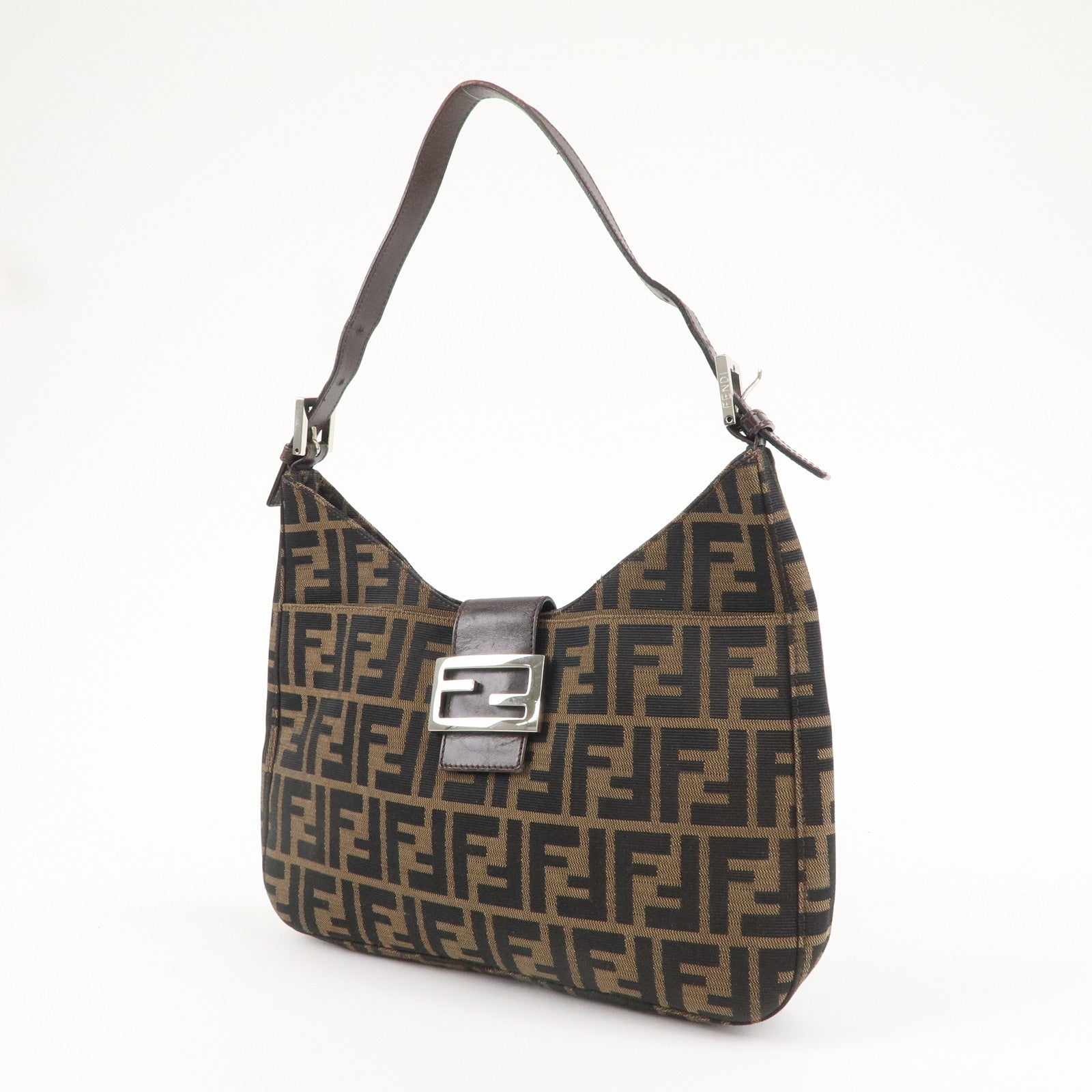 FENDI Zucca Canvas Leather Shoulder Bag Brown Black 26569