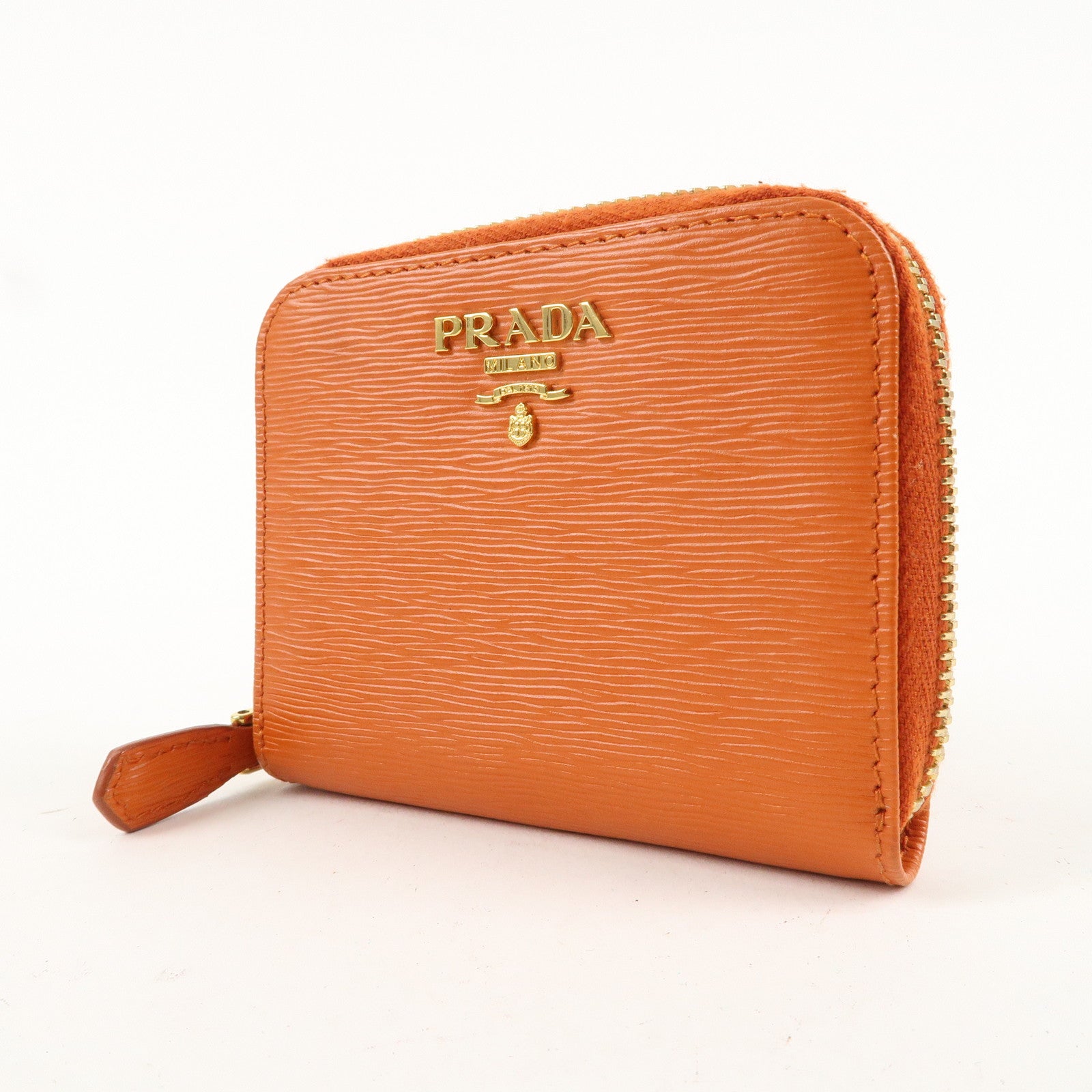 PRADA Saffiano Leather Round Zipper Coin Case Orange