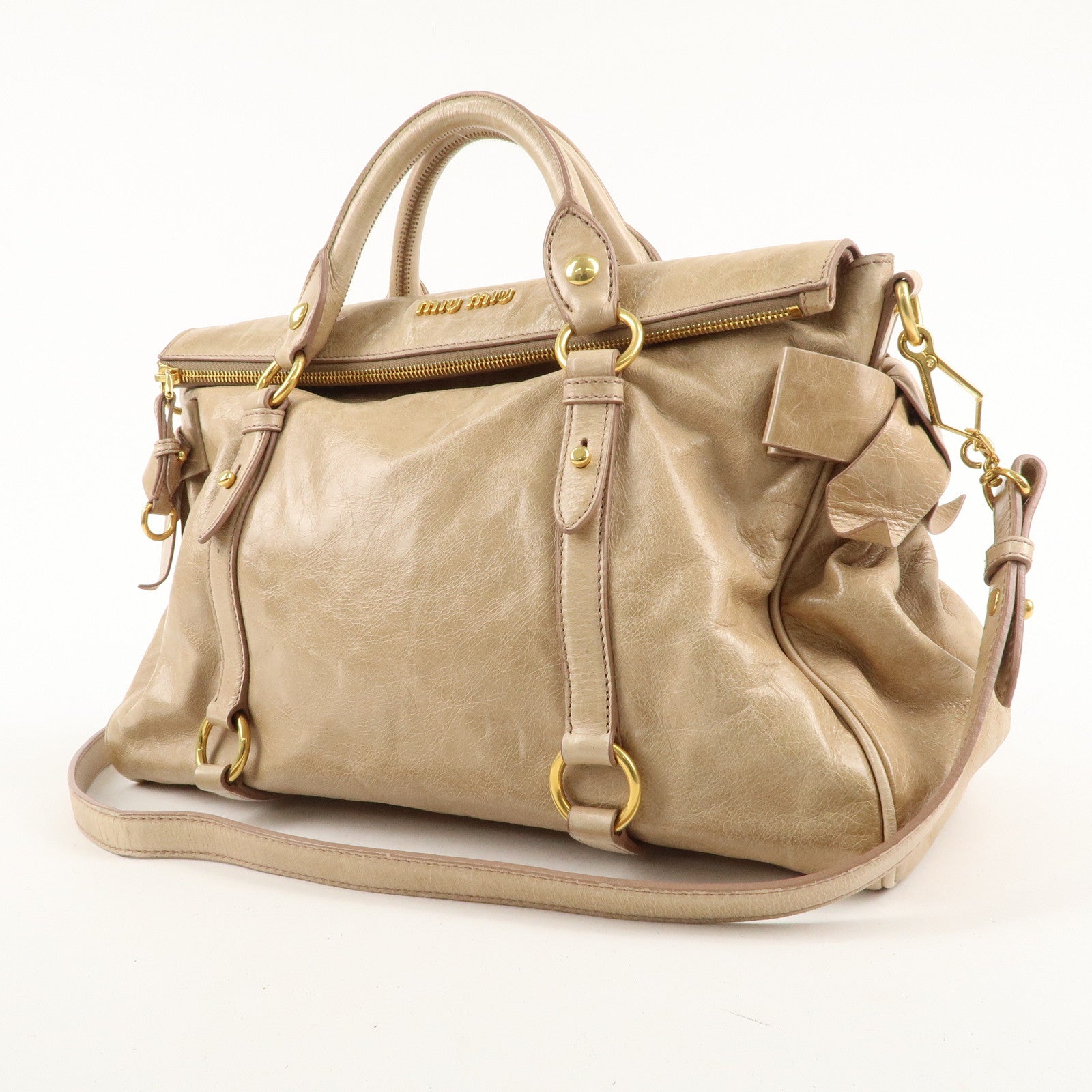 MIU MIU Leather 2Way Bag Hand Bag Shoulder Bag Beige