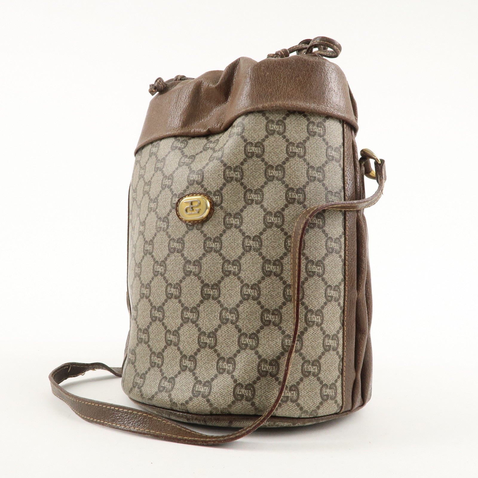 GUCCI Old Gucci GG Plus Leather Shoulder Bag Beige Brown