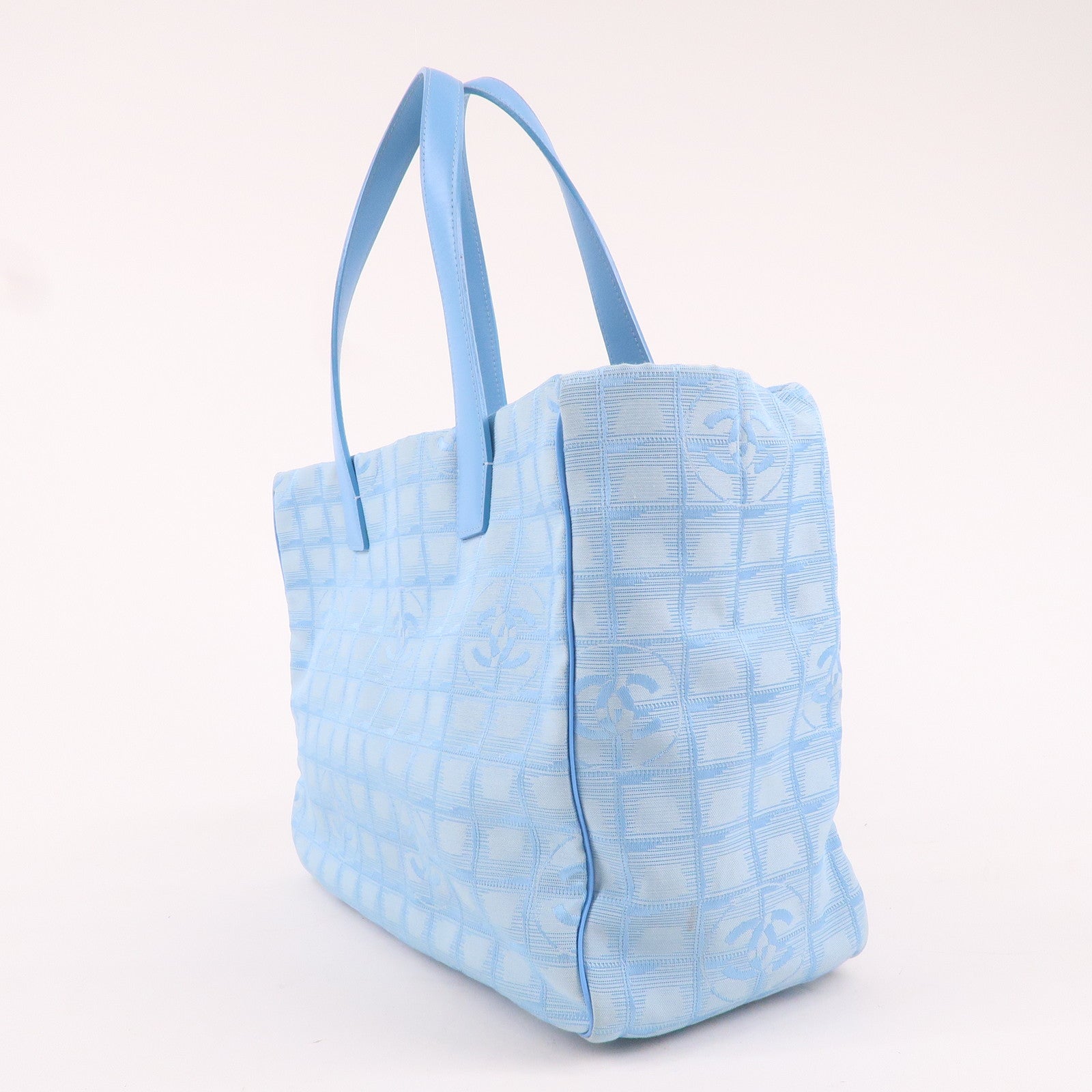 CHANEL New Travel Line MM Nylon Jacquard Leather Tote Light Blue