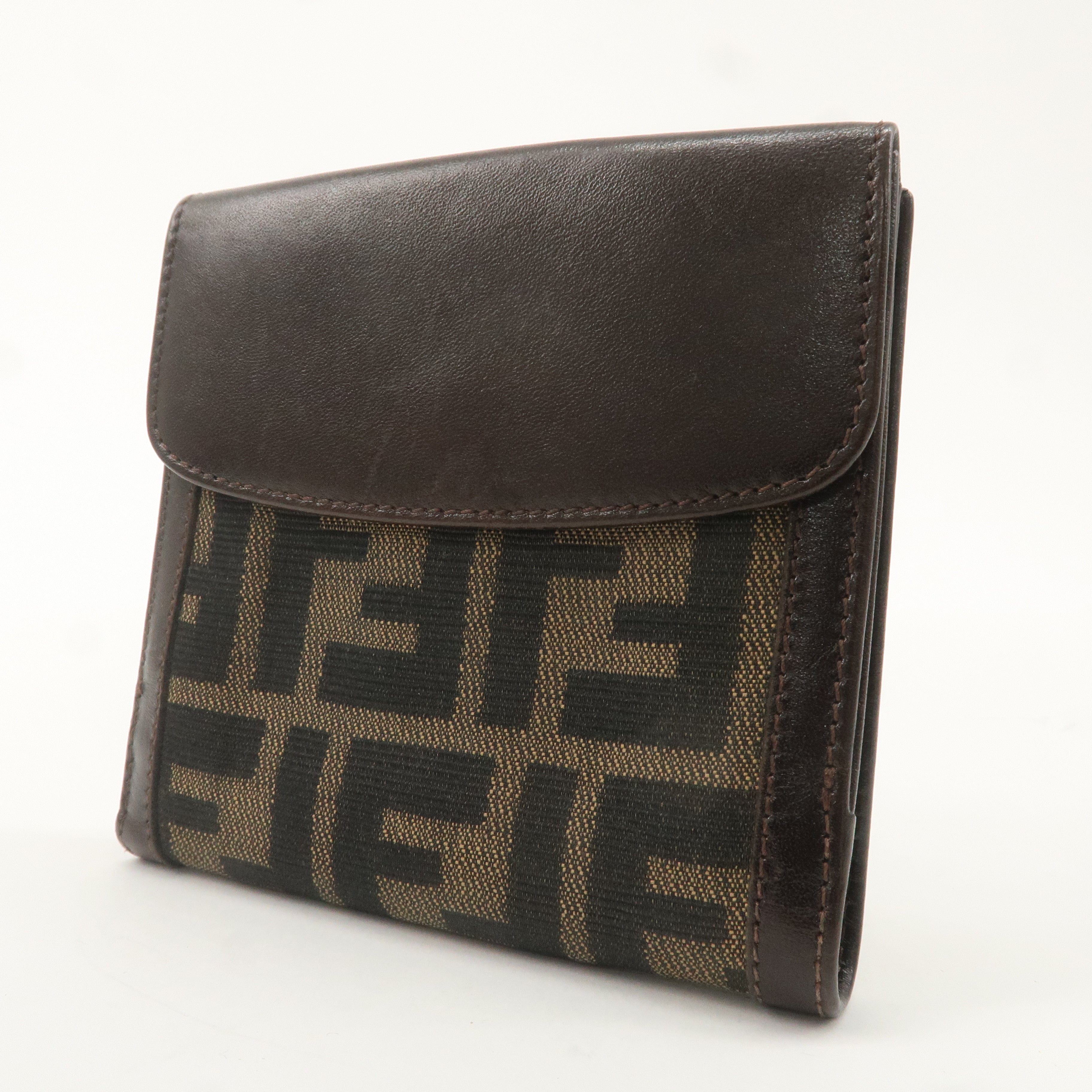 FENDI Zucca Canvas Leather W Hook Bi-fold Wallet Brown Black 1695