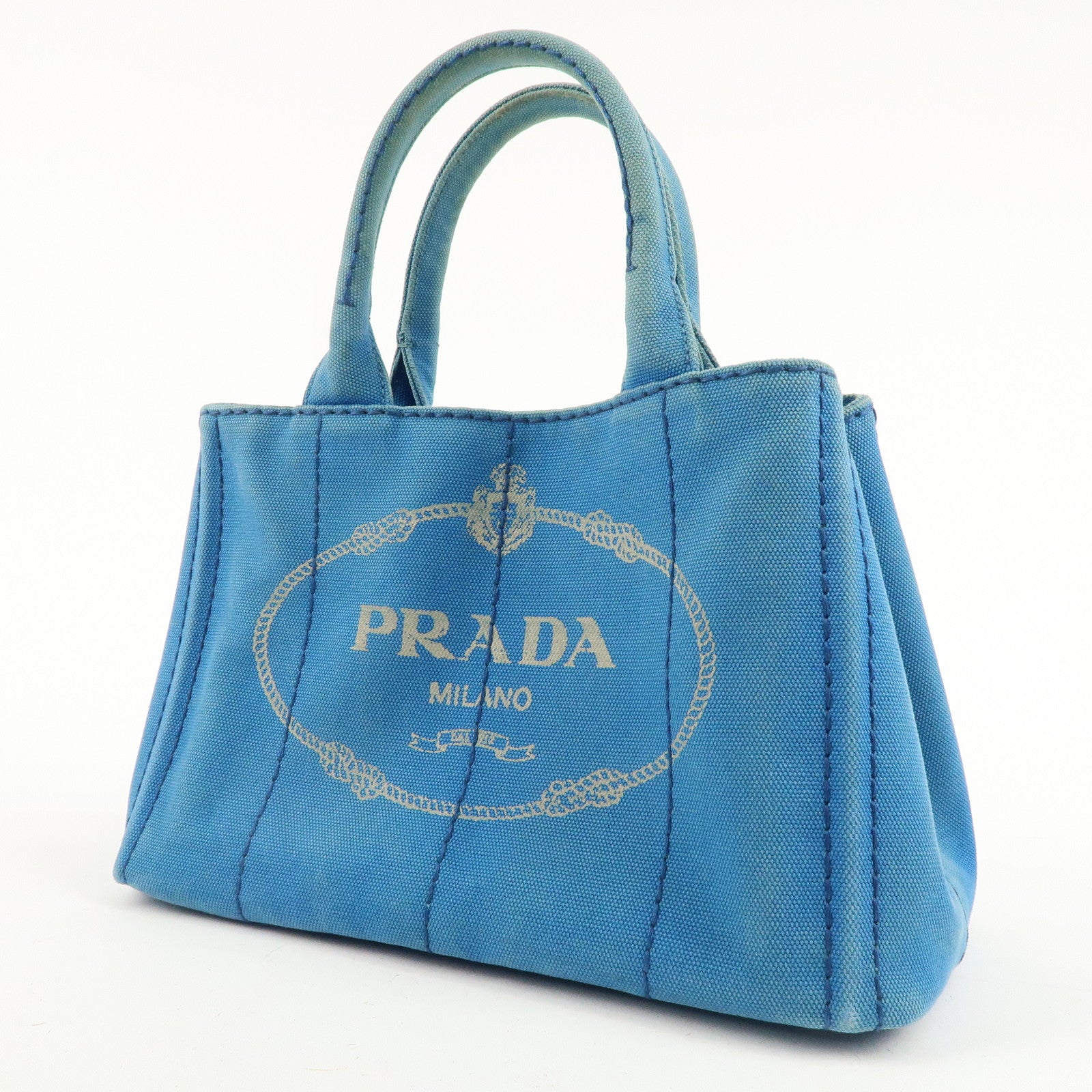 PRADA Logo Canapa Mini Canvas Tote Bag Hand Bag Blue