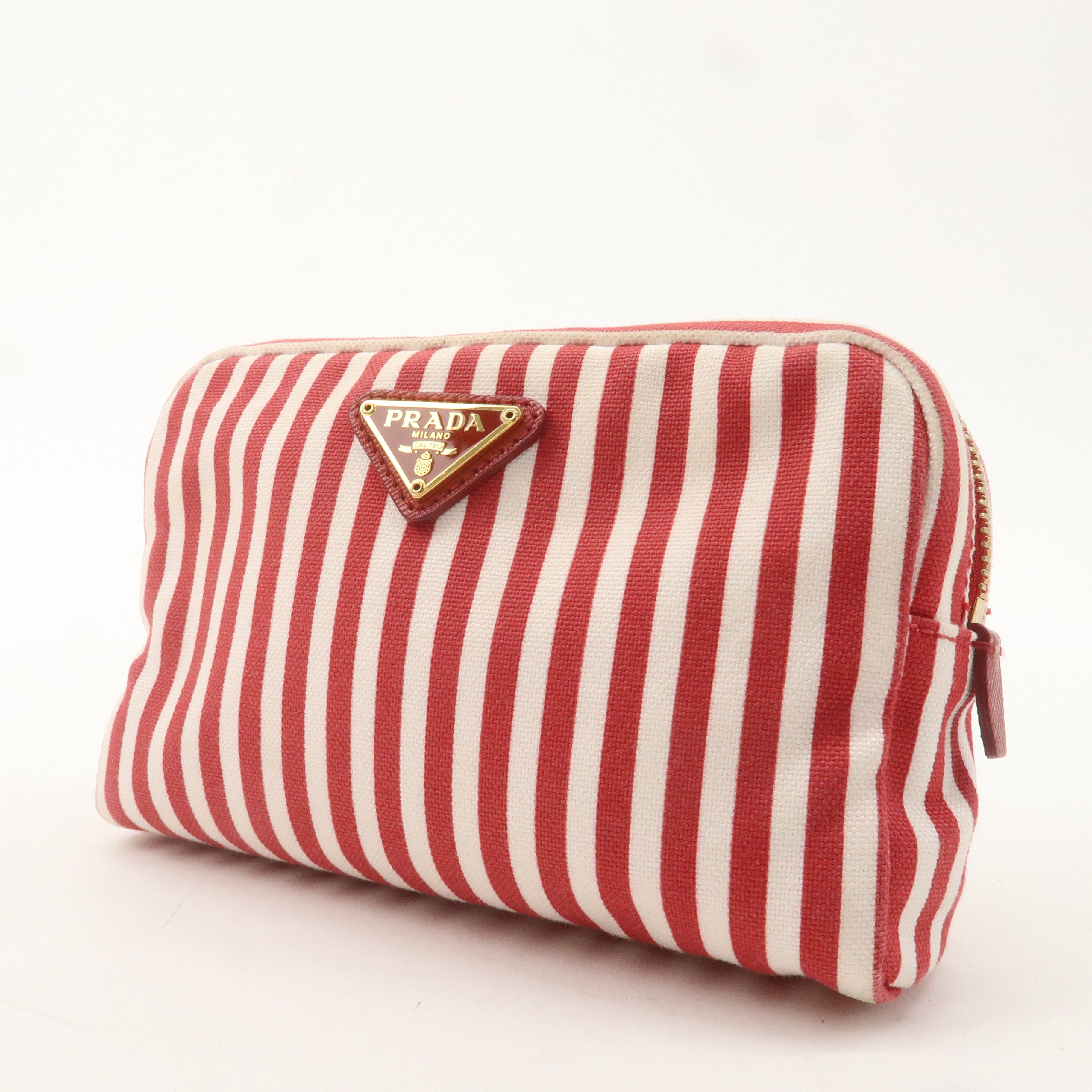 PRADA Logo Canvas Leather Pouch Cosmetic Pouch Stripe Red White