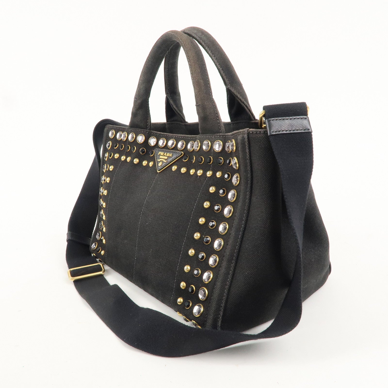 PRADA Logo Mini Canapa Canvas Studs 2Way Hand Shoulder Bag Black