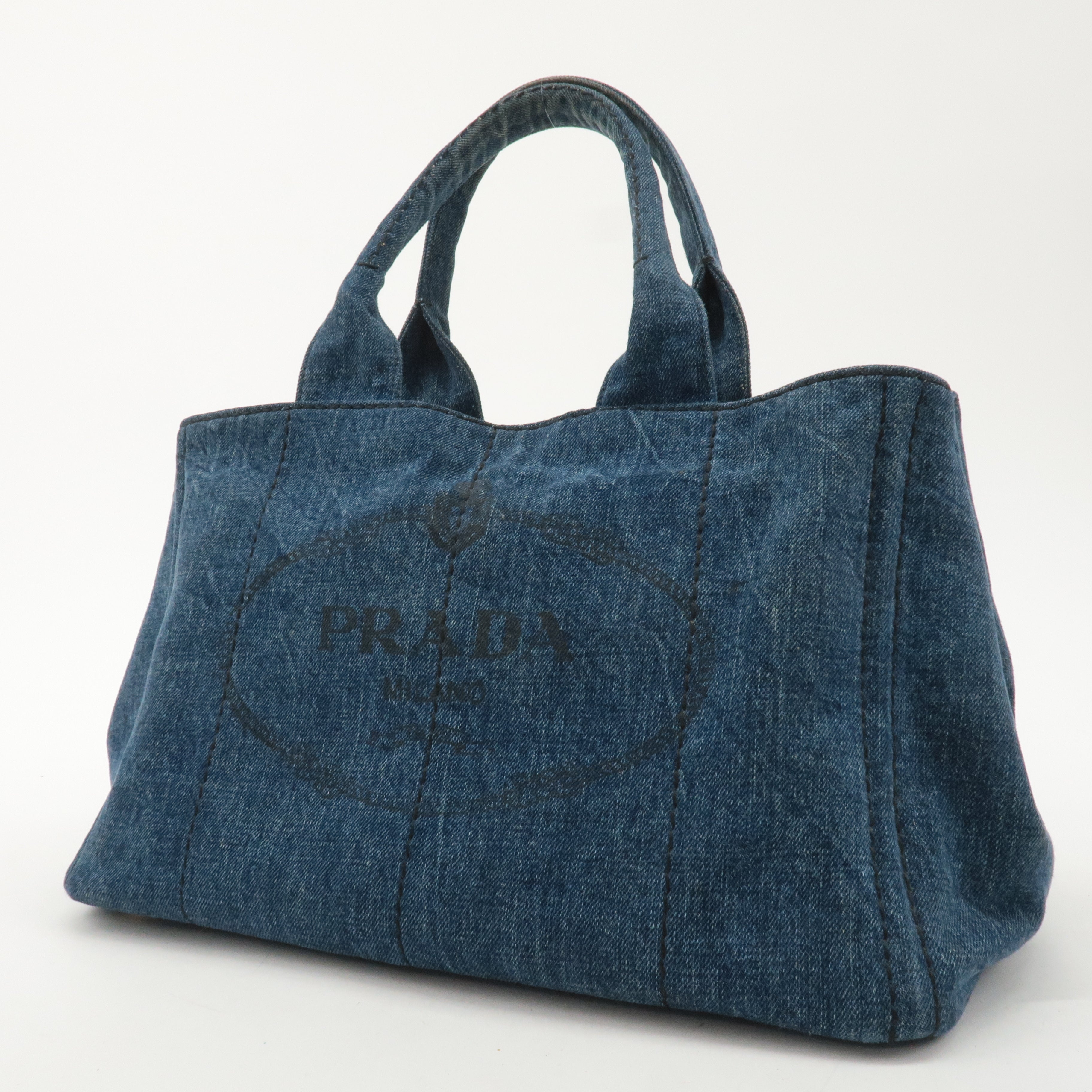 PRADA Logo Canapa Large Denim Tote Bag Hand Bag Blue B1872B