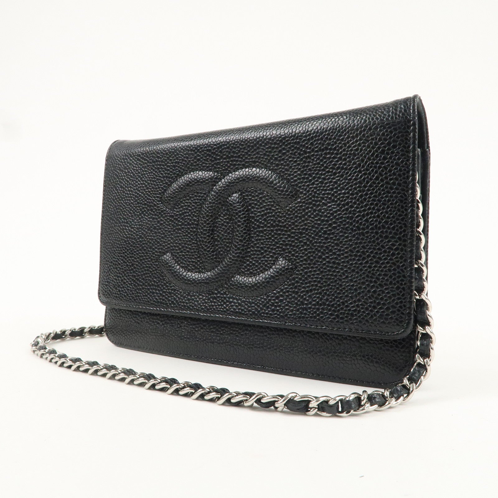 CHANEL Coco Mark Caviar Skin Chain Wallet WOC Black A48654