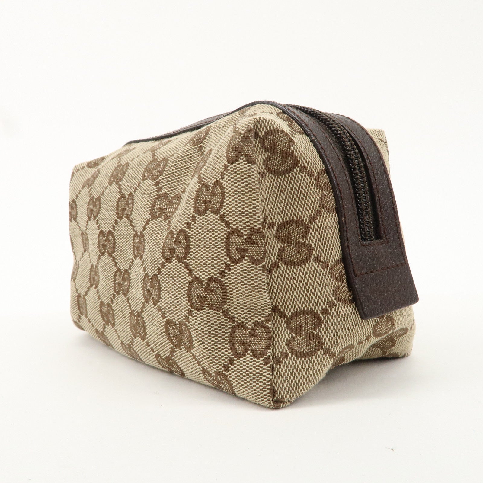 GUCCI GG Canvas Leather Cosmetic Pouch Beige Brown 29595