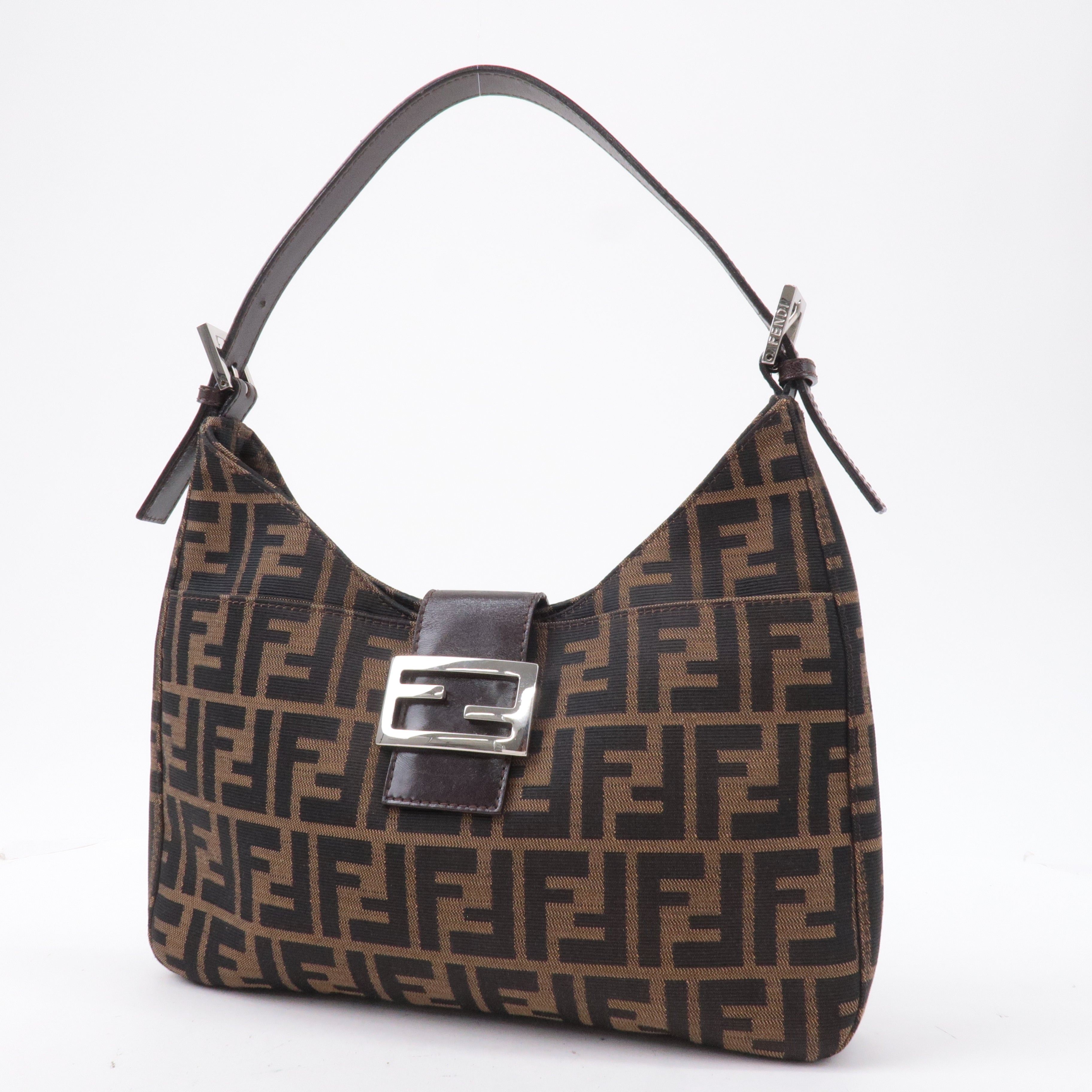 FENDI Zucca Canvas Leather Shoulder Bag Brown Black 26569