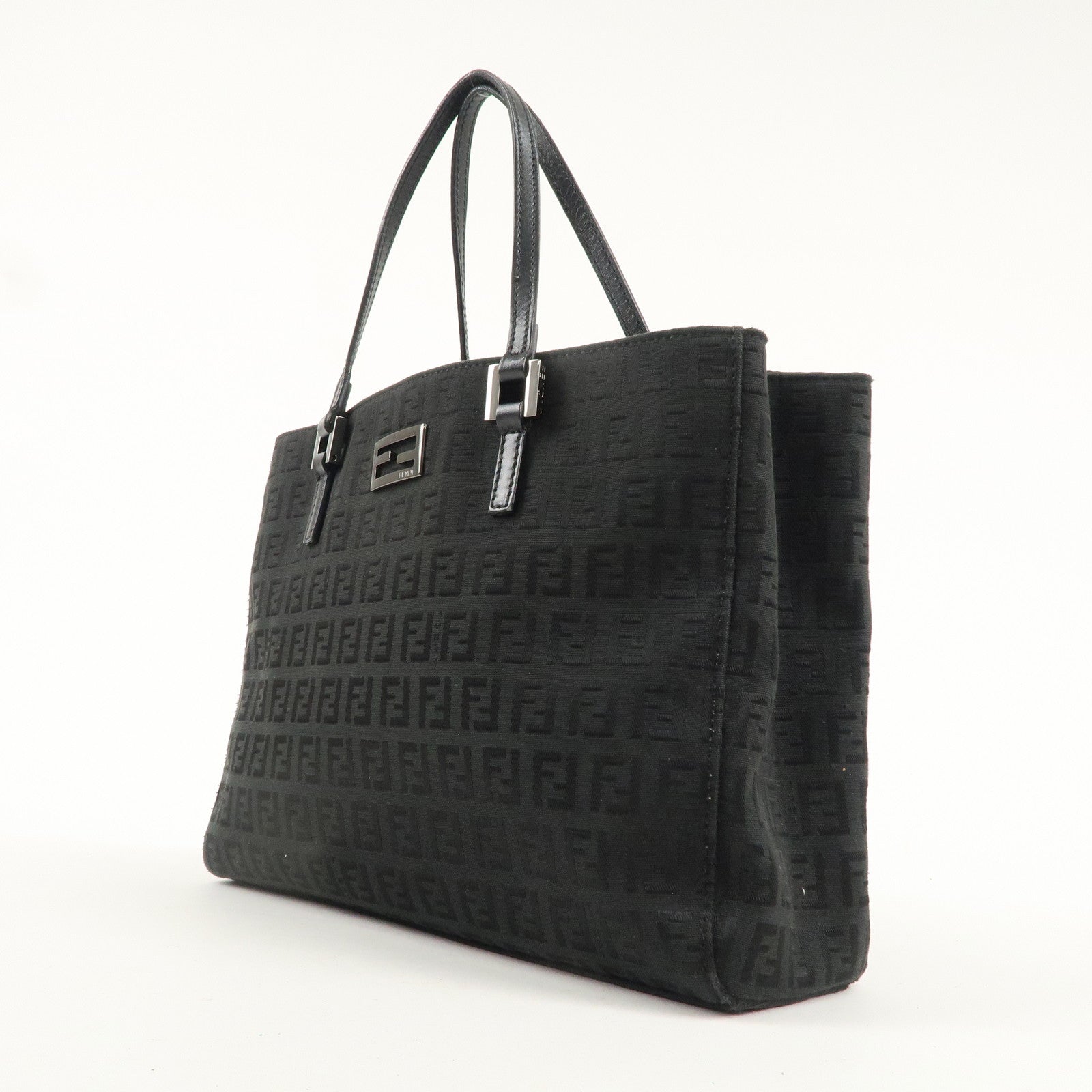 FENDI Zucchino Canvas Leather Hand Bag Tote Bag Black 8BH132