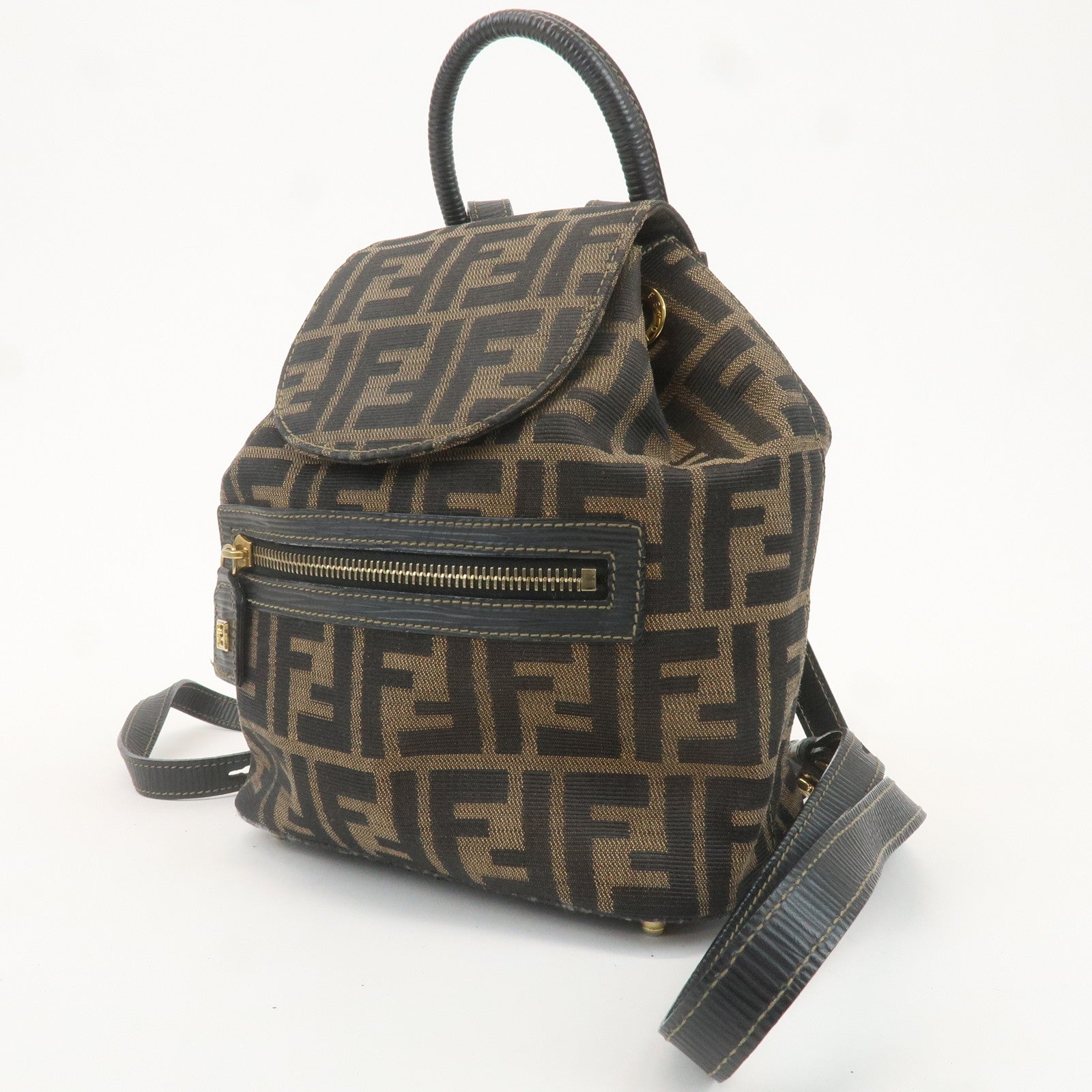 FENDI Zucca Canvas Leather Mini Back Pack Ruck Sack Brown Black