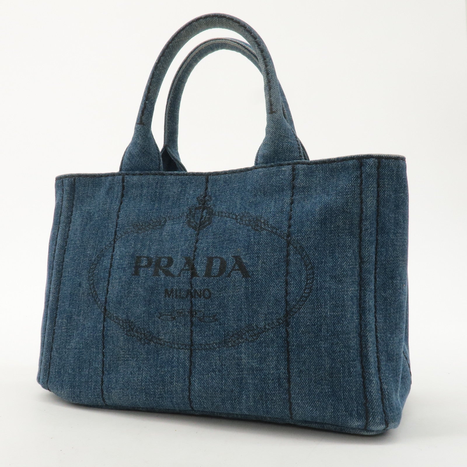 PRADA Logo Canapa Mini Denim Hand Bag Tote Bag Navy