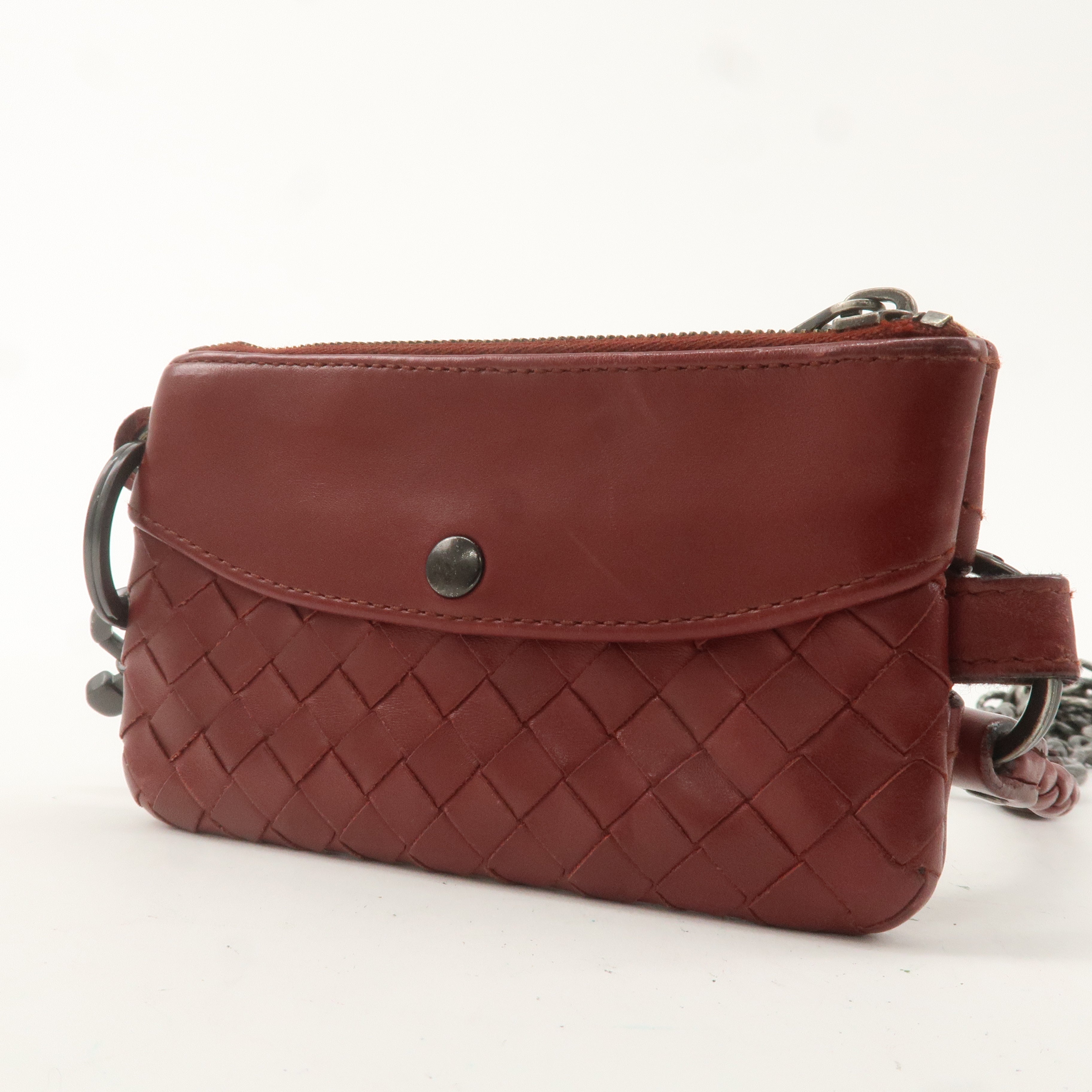 BOTTEGA VENETA Intrecciato Leather Chain Coin Case Pouch Red