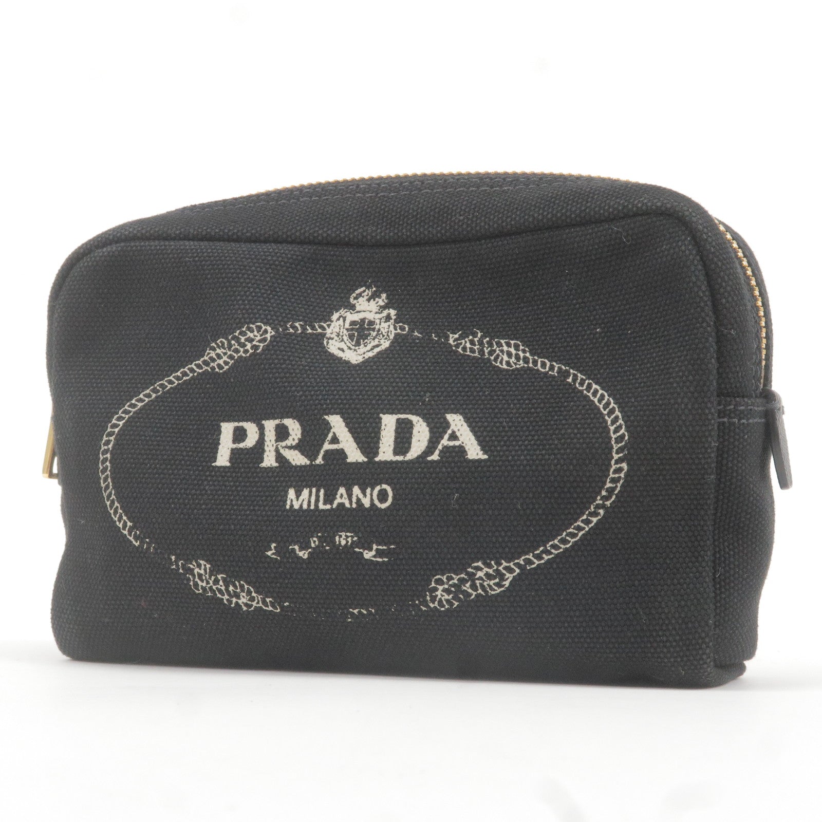 PRADA Logo Canvas Leather Canapa Mini Pouch Black 1NA021