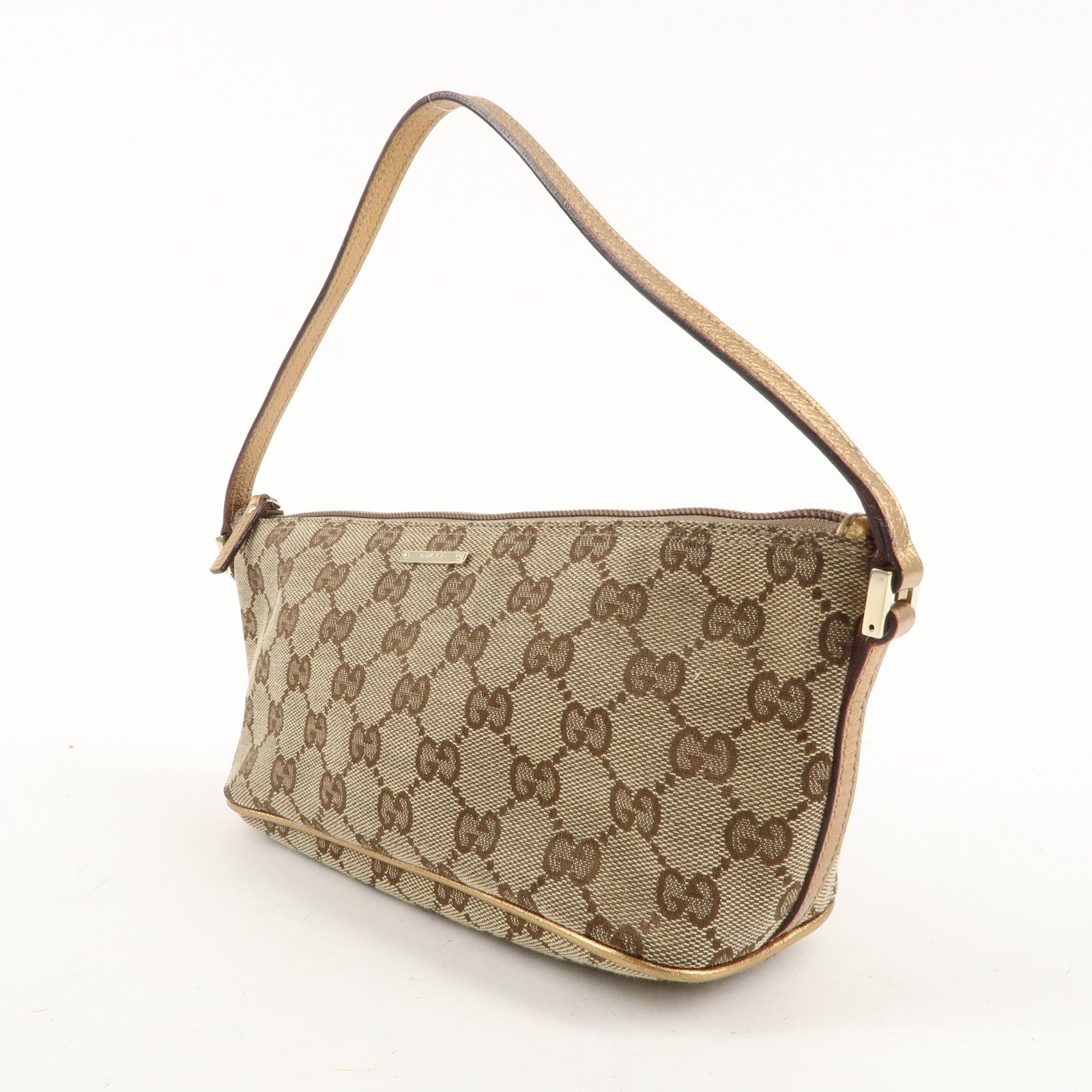 GUCCI Boat Bag GG Canvas Leather Hand Bag Pouch Beige Gold 7198