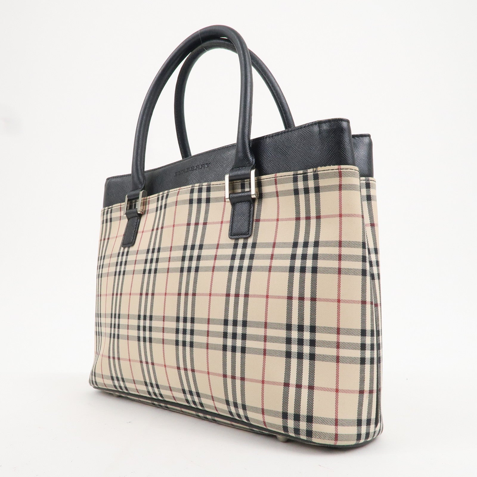 BURBERRY Nova Plaid Canvas Leather Hand Bag Beige Brown