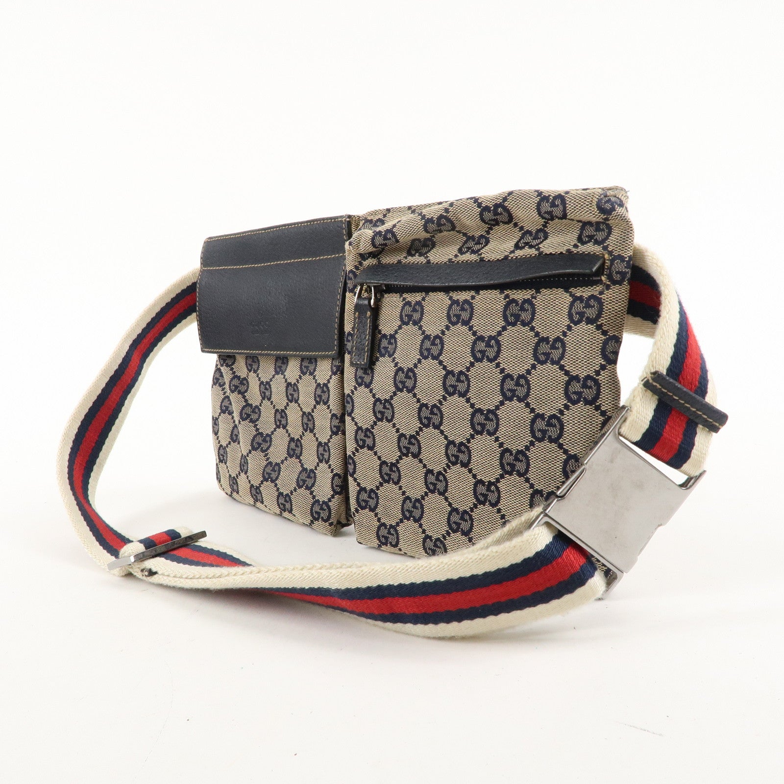 GUCCI Sherry GG Canvas Leather Waist Bag Beige Navy 28566