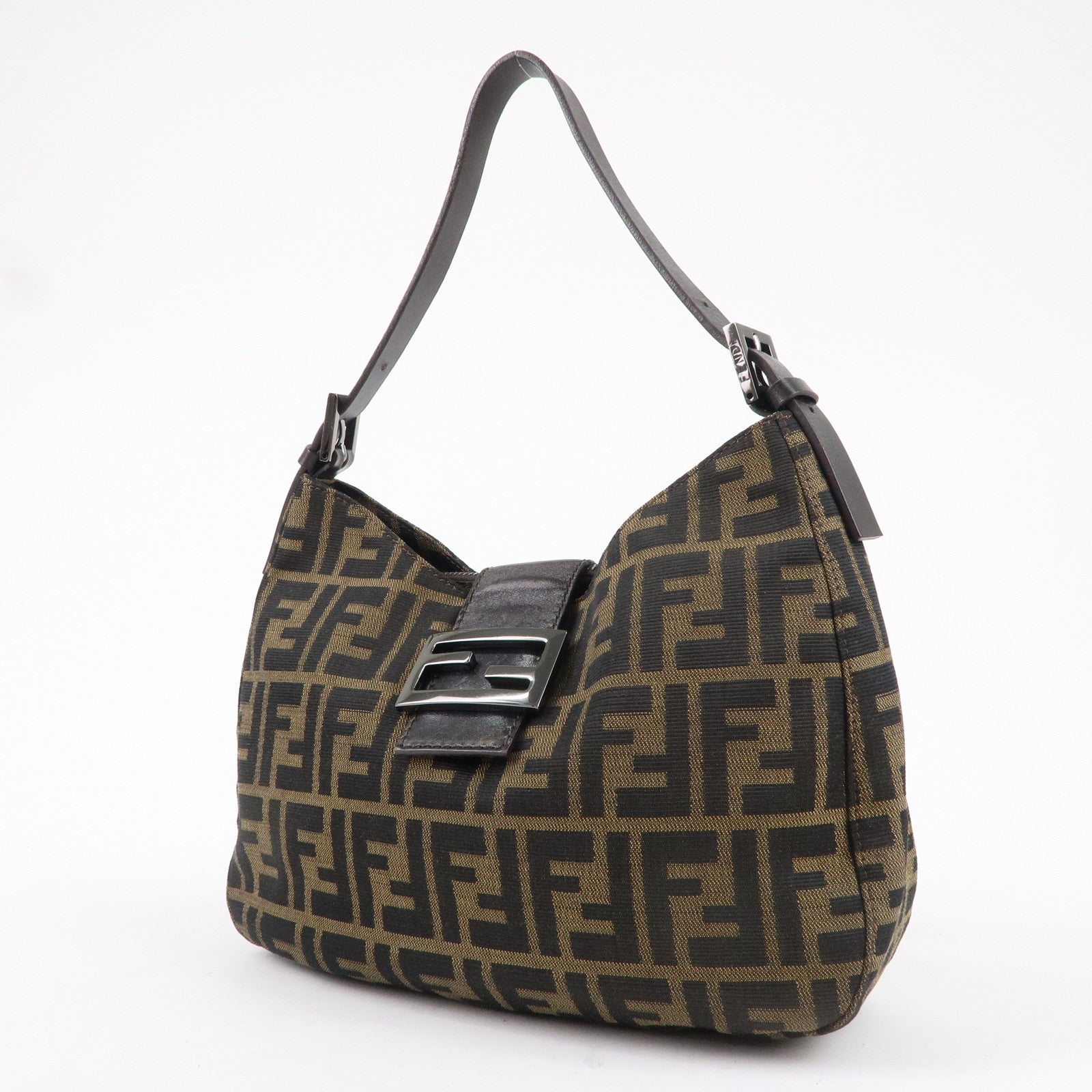 FENDI Zucca Canvas Leather Shoulder Bag Khaki Brown Black 8BR036