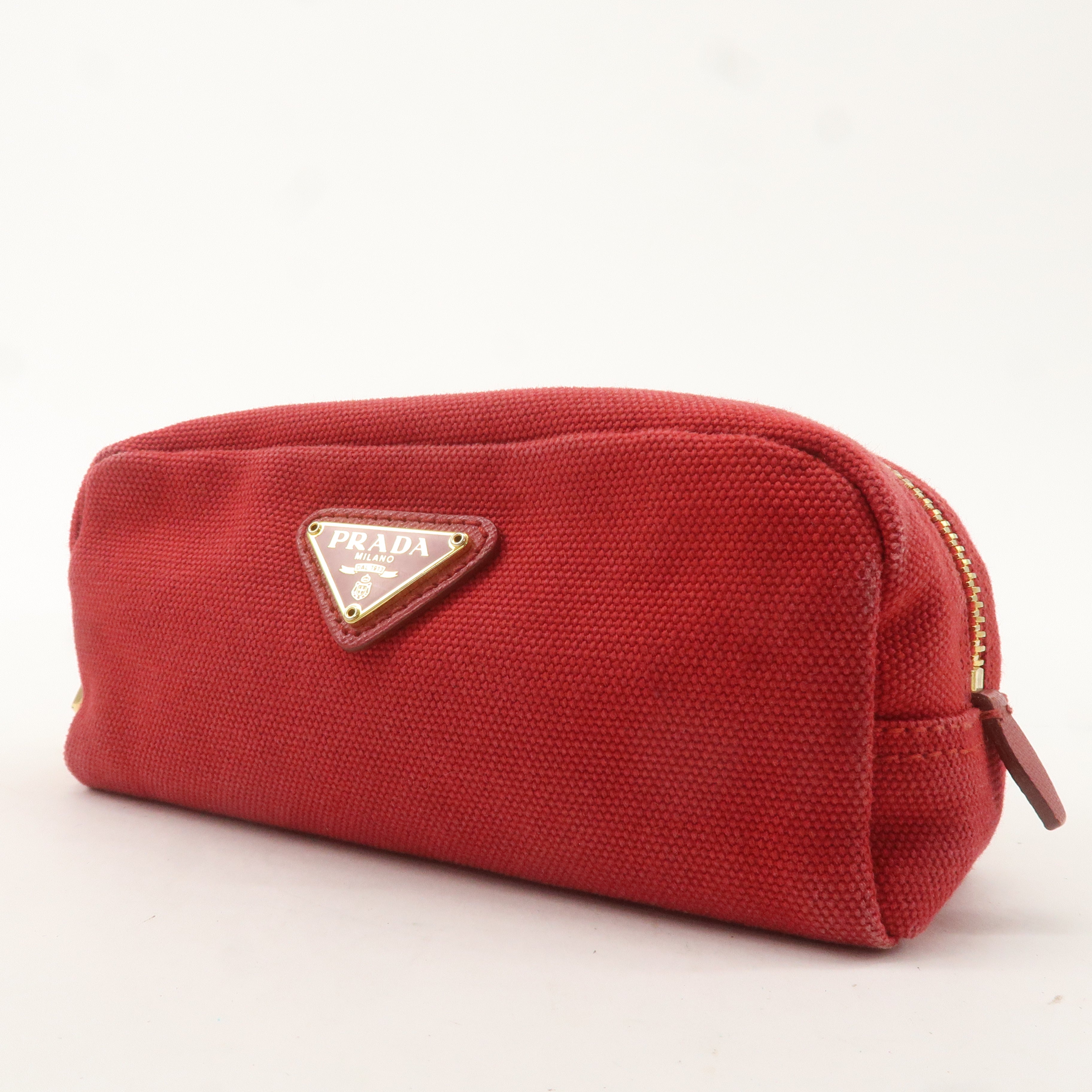 PRADA Logo Canvas Leather Pouch Cosmetic Pouch Red