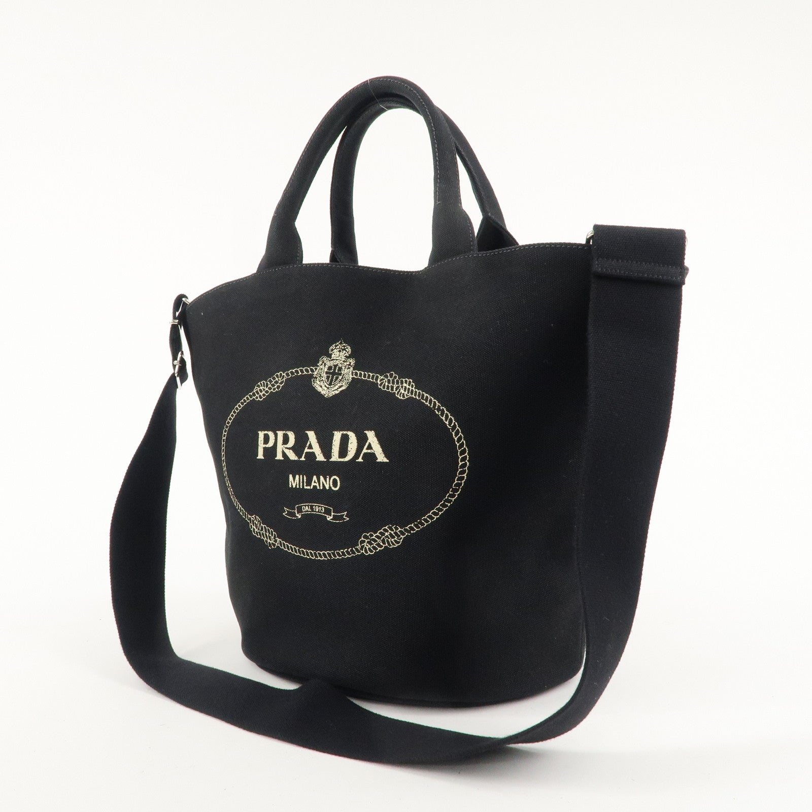 PRADA Logo Canapa Canvas Leather 2Way Bag Tote Bag Black 1BG163