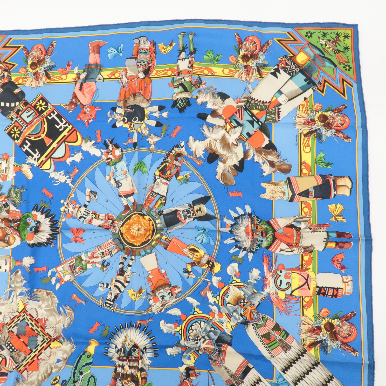 HERMES Carre 90 Silk 100% Scarf Kachinas Kachinas Print Blue