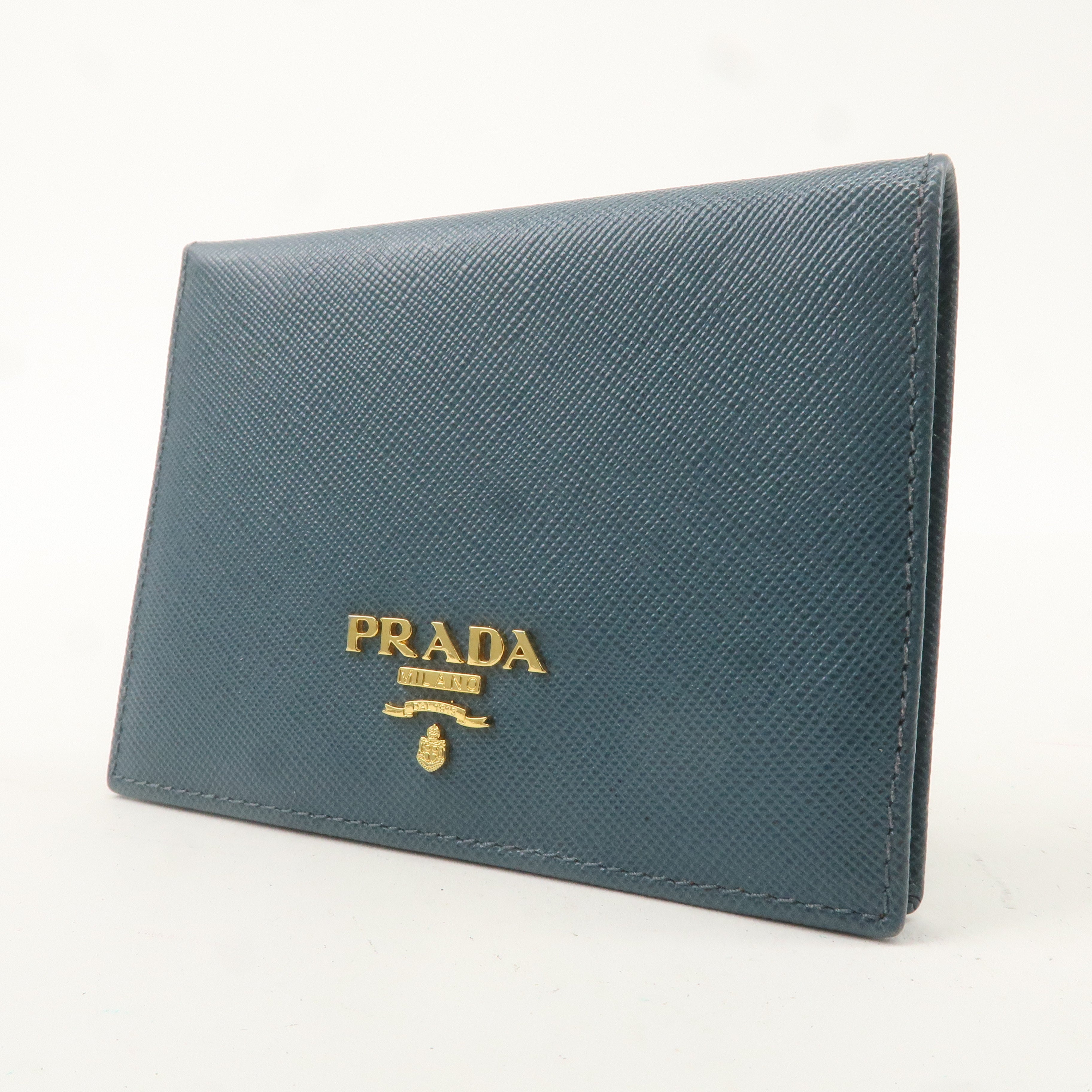 PRADA Logo Safiano Leather Folded Bi-Fold Wallet Blue 1MV204