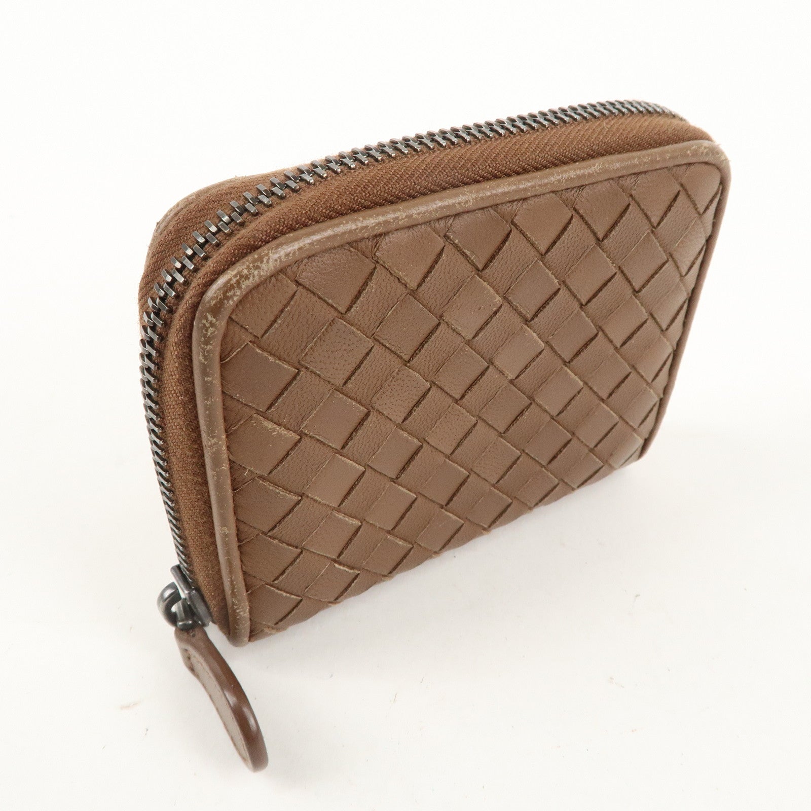 BOTTEGA VENETA Intrecciato Leather Round Zipper Coin Case Brown