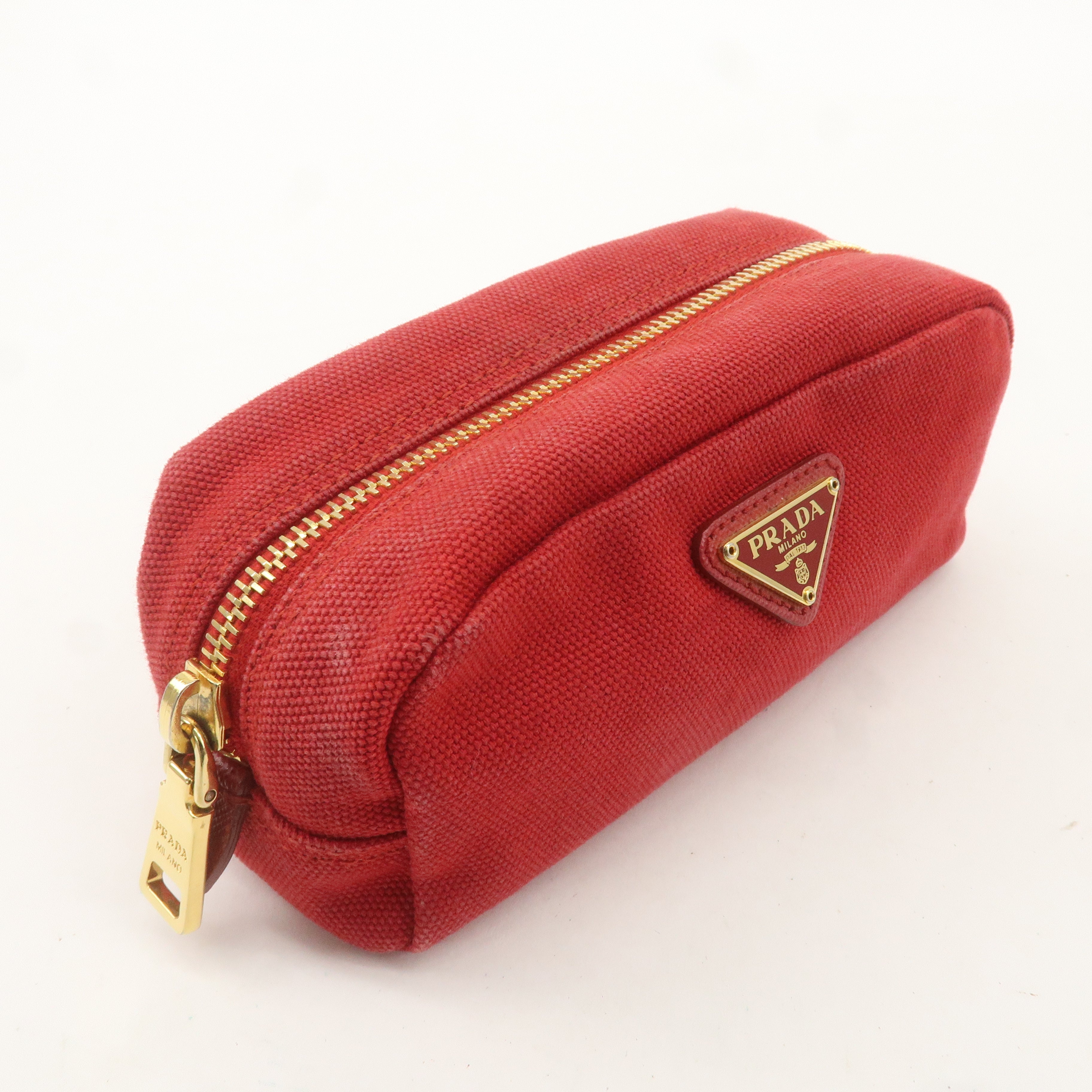 PRADA Logo Canvas Leather Pouch Cosmetic Pouch Red