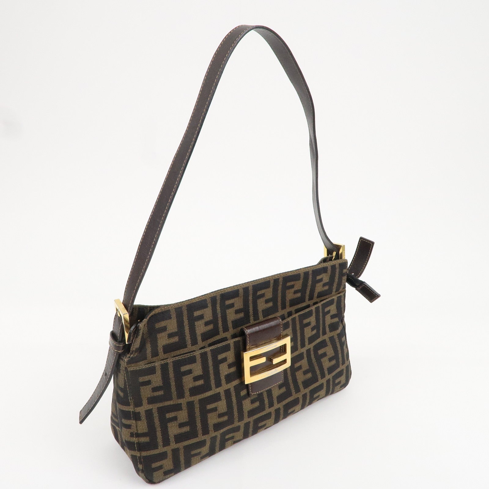 FENDI Zucca Canvas Leather Shoulder Bag Brown Black 26566