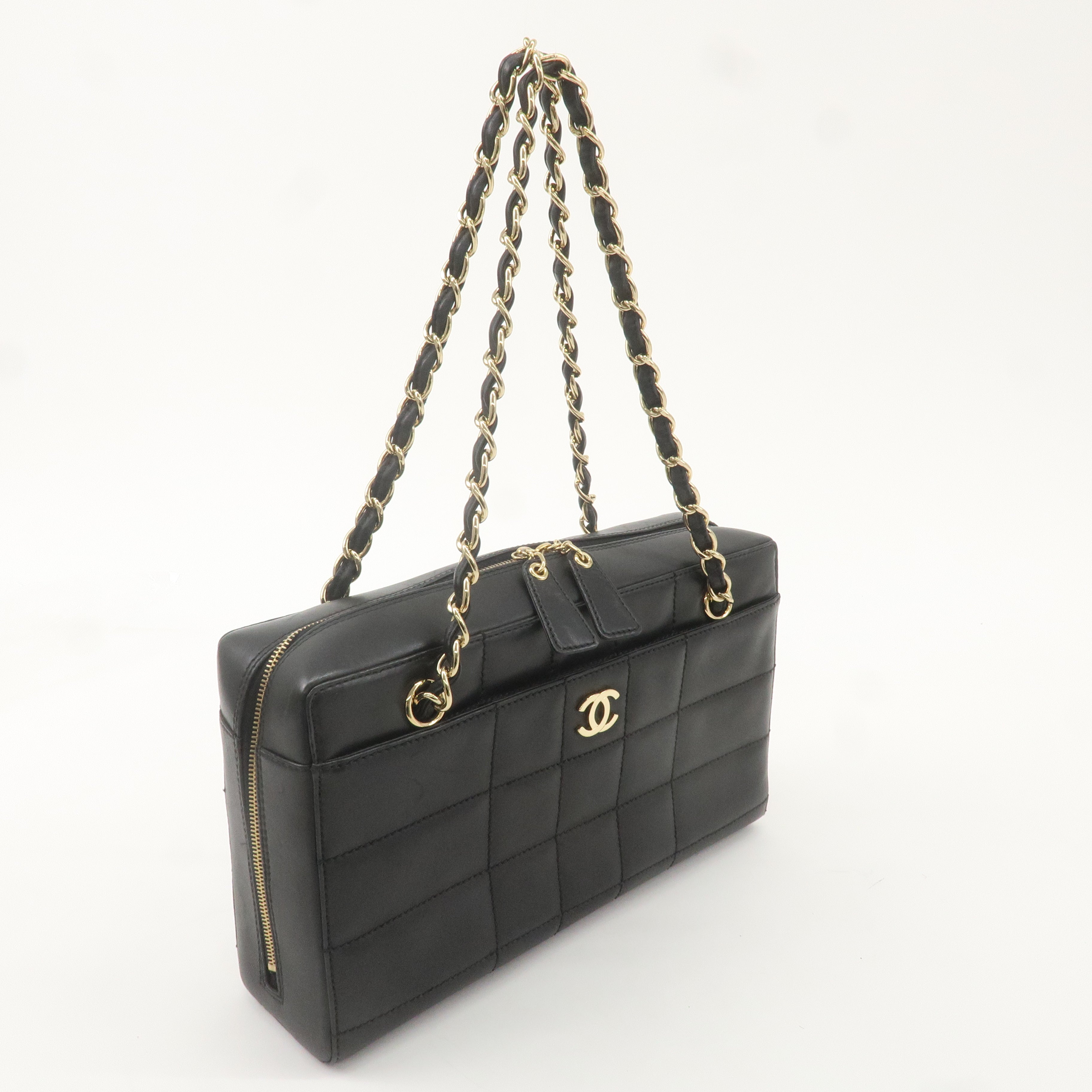 CHANEL Chocolate Bar Lamb Skin Chain Shoulder Bag Black