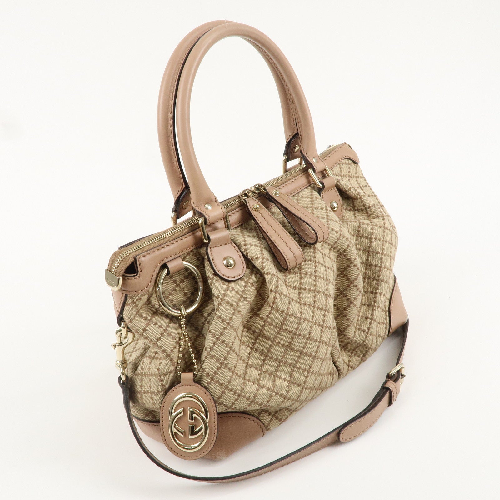 GUCCI Diamante Canvas Leather 2way Bag Hand Bag Pink Beige 247902