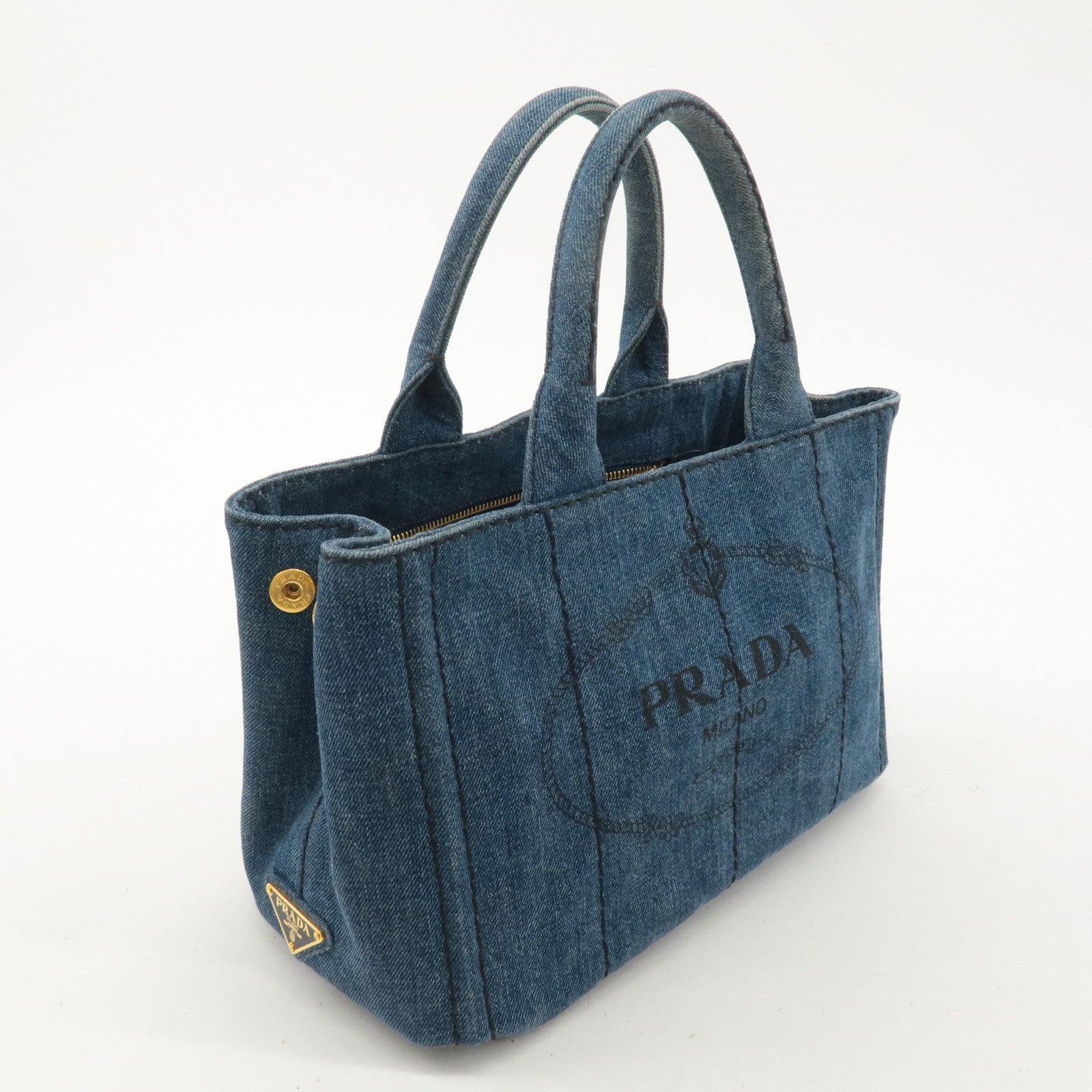 PRADA Logo Canapa Mini Denim Hand Bag Tote Bag Navy