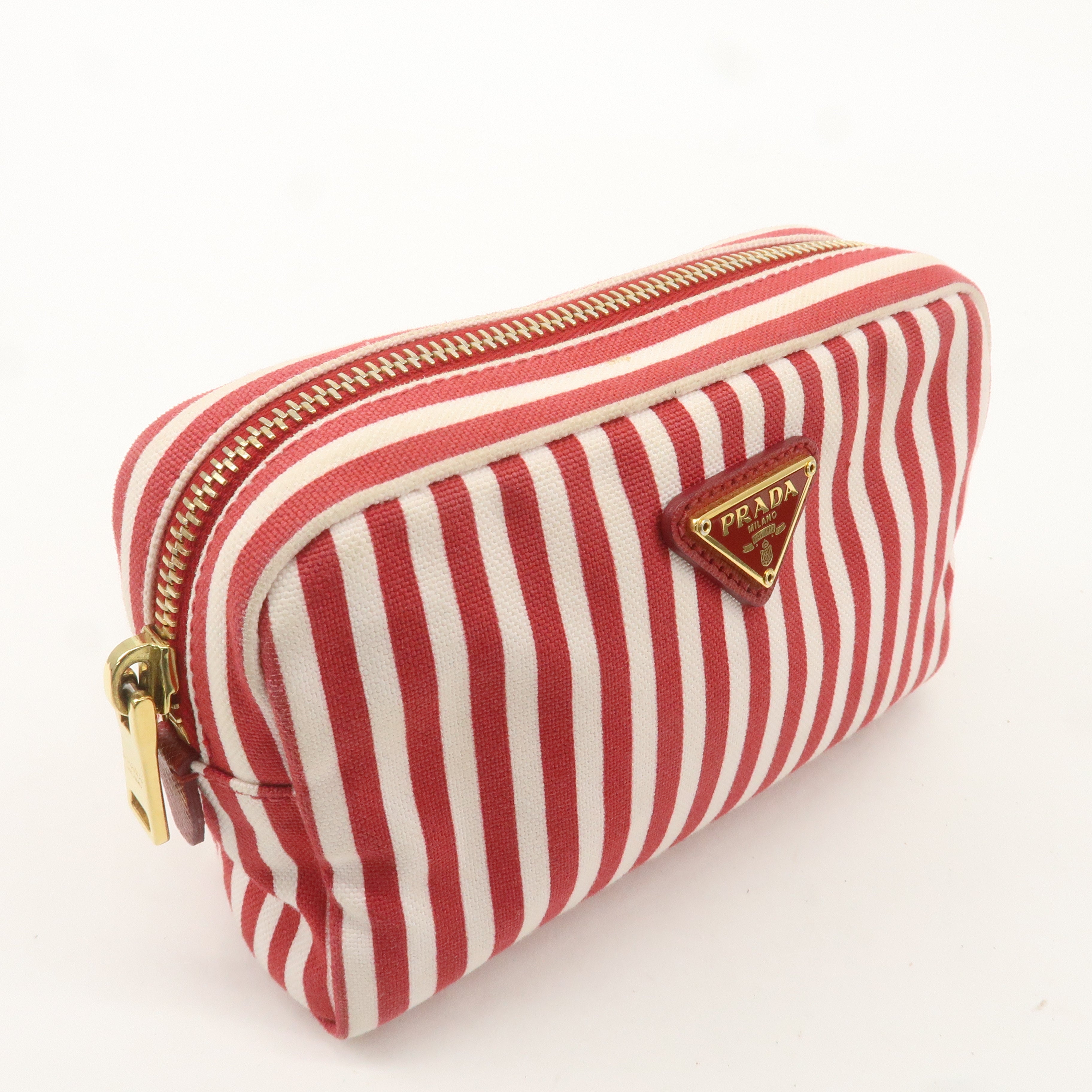 PRADA Logo Canvas Leather Pouch Cosmetic Pouch Stripe Red White