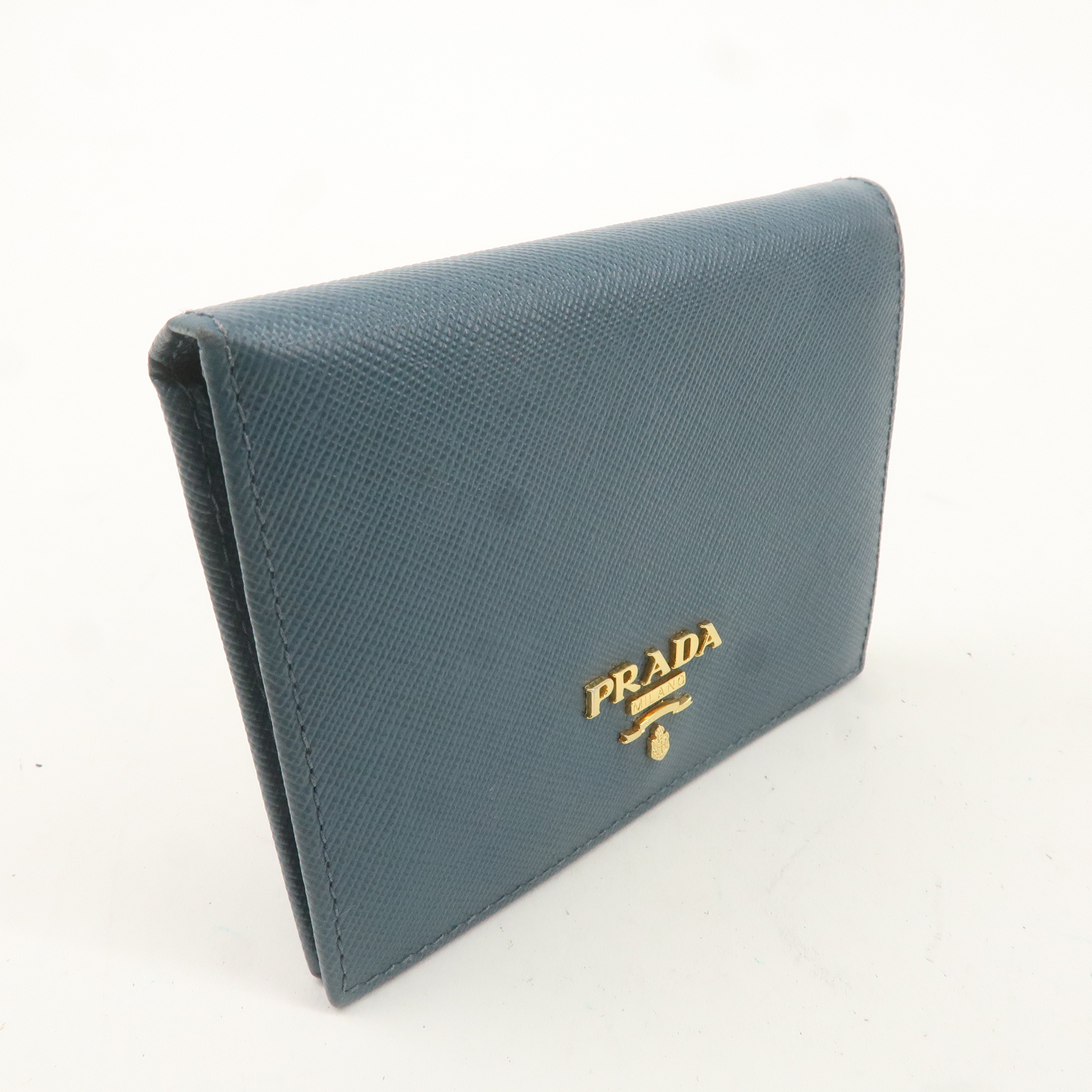 PRADA Logo Safiano Leather Folded Bi-Fold Wallet Blue 1MV204