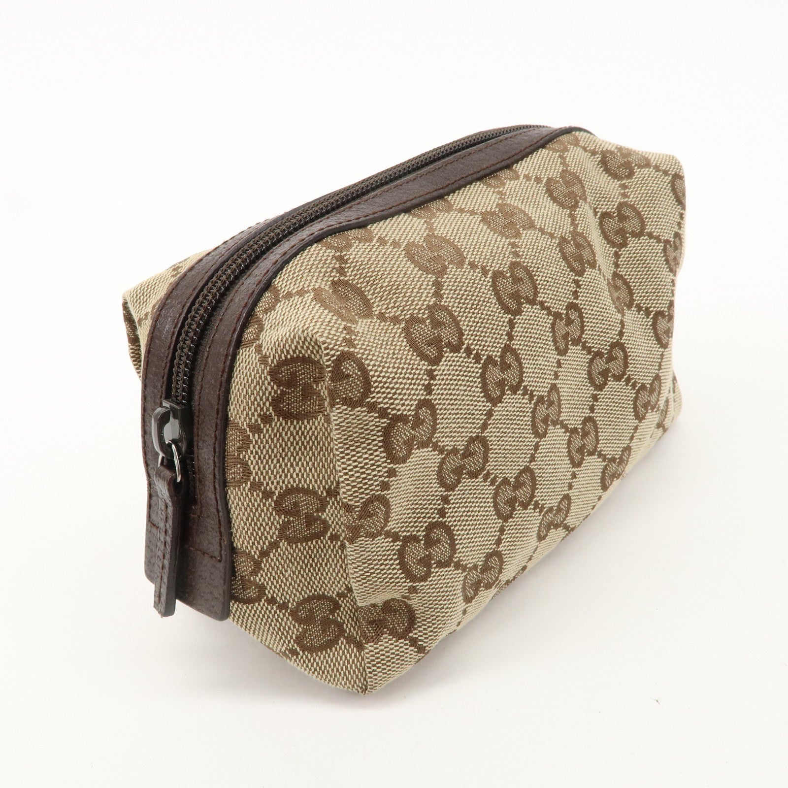 GUCCI GG Canvas Leather Cosmetic Pouch Beige Brown 29595